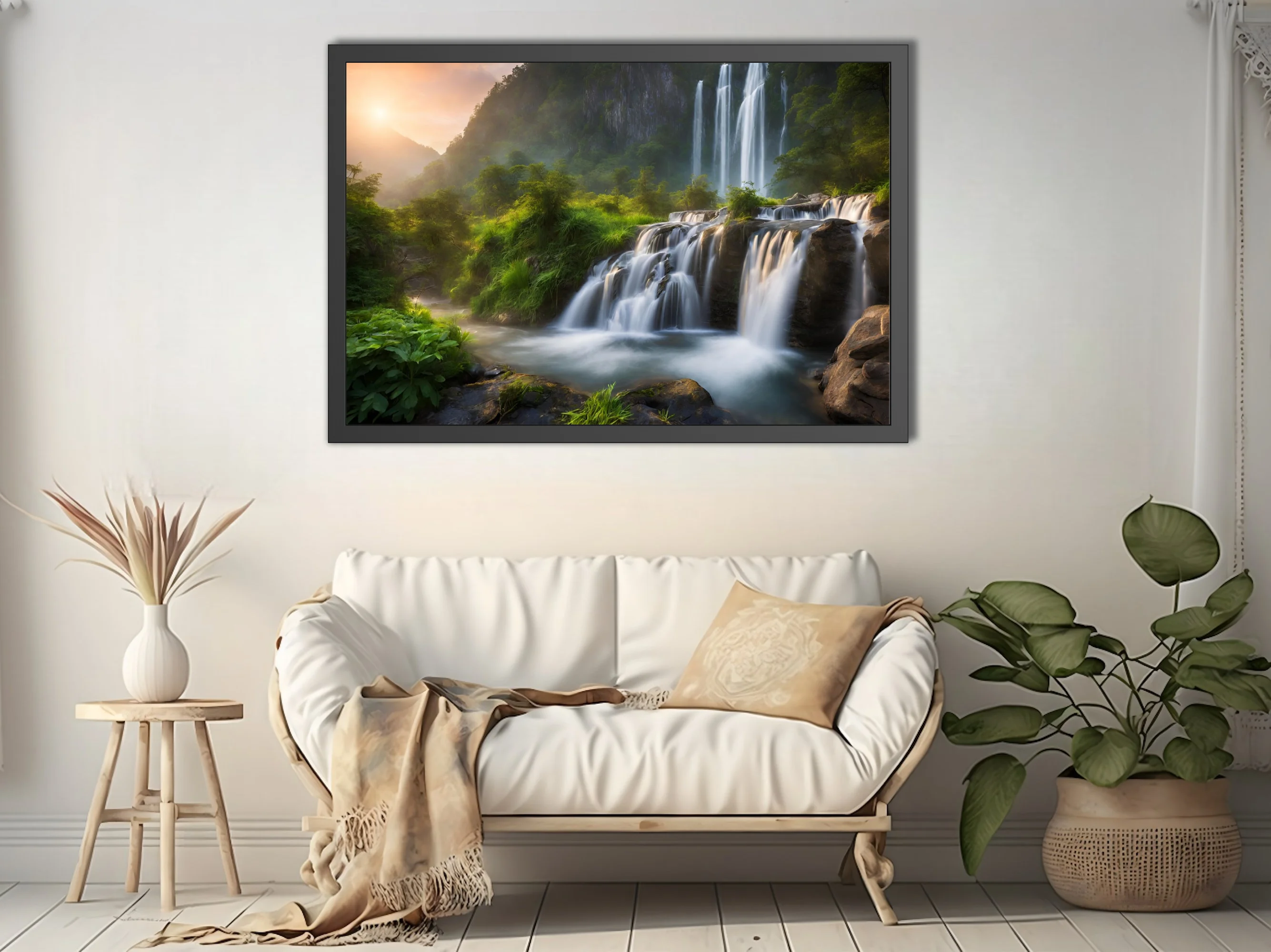 Cinematic waterfall landscape with misty greens and golden sunrise light