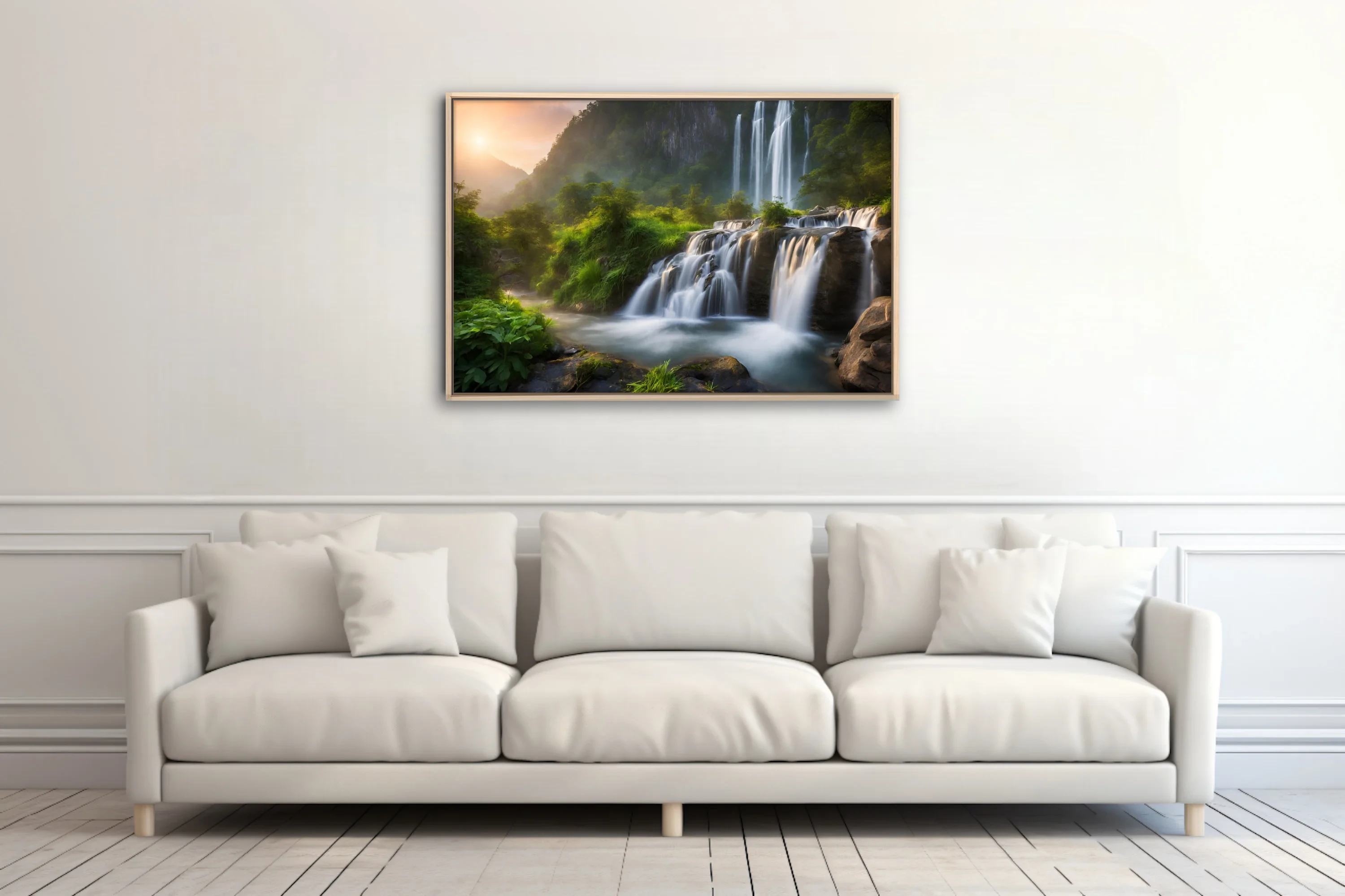 Cinematic waterfall landscape with misty greens and golden sunrise light