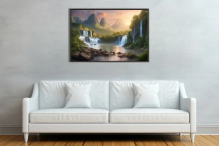 Fantasy waterfall landscape with golden sunset light, misty mountains, and lush green foliage