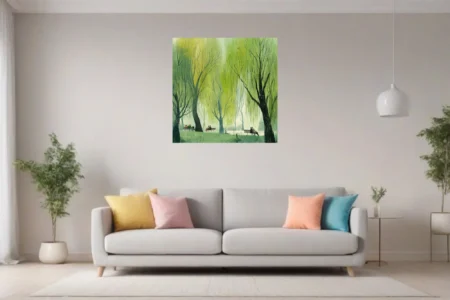 Watercolor-style spring park illustration, weeping willows, figures on benches, fresh green palette