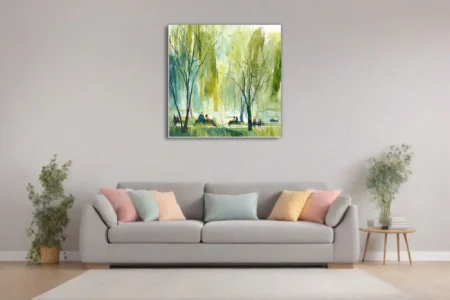 Stylized weeping willow park scene in greens and teals with figures on benches, painterly illustration