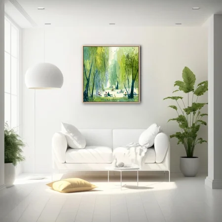 Stylized park illustration with weeping willows, benches, and figures in fresh green and blue tones