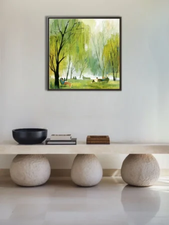 Stylized park illustration with weeping willows and resting figures in green and chartreuse tones
