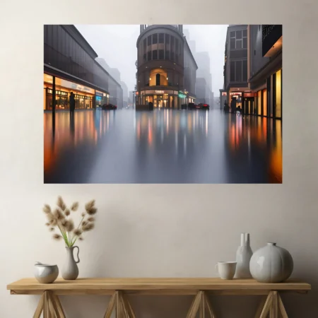 Cinematic rainy cityscape with foggy streets and warm reflections on wet pavement