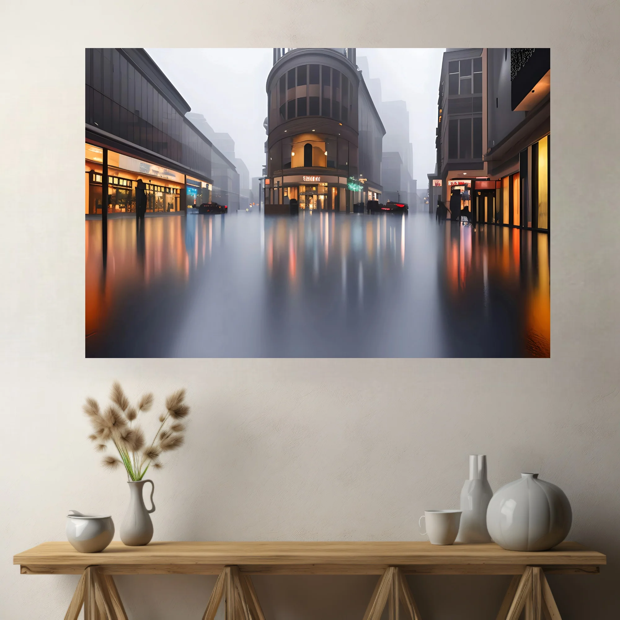 Cinematic rainy cityscape with foggy streets and warm reflections on wet pavement