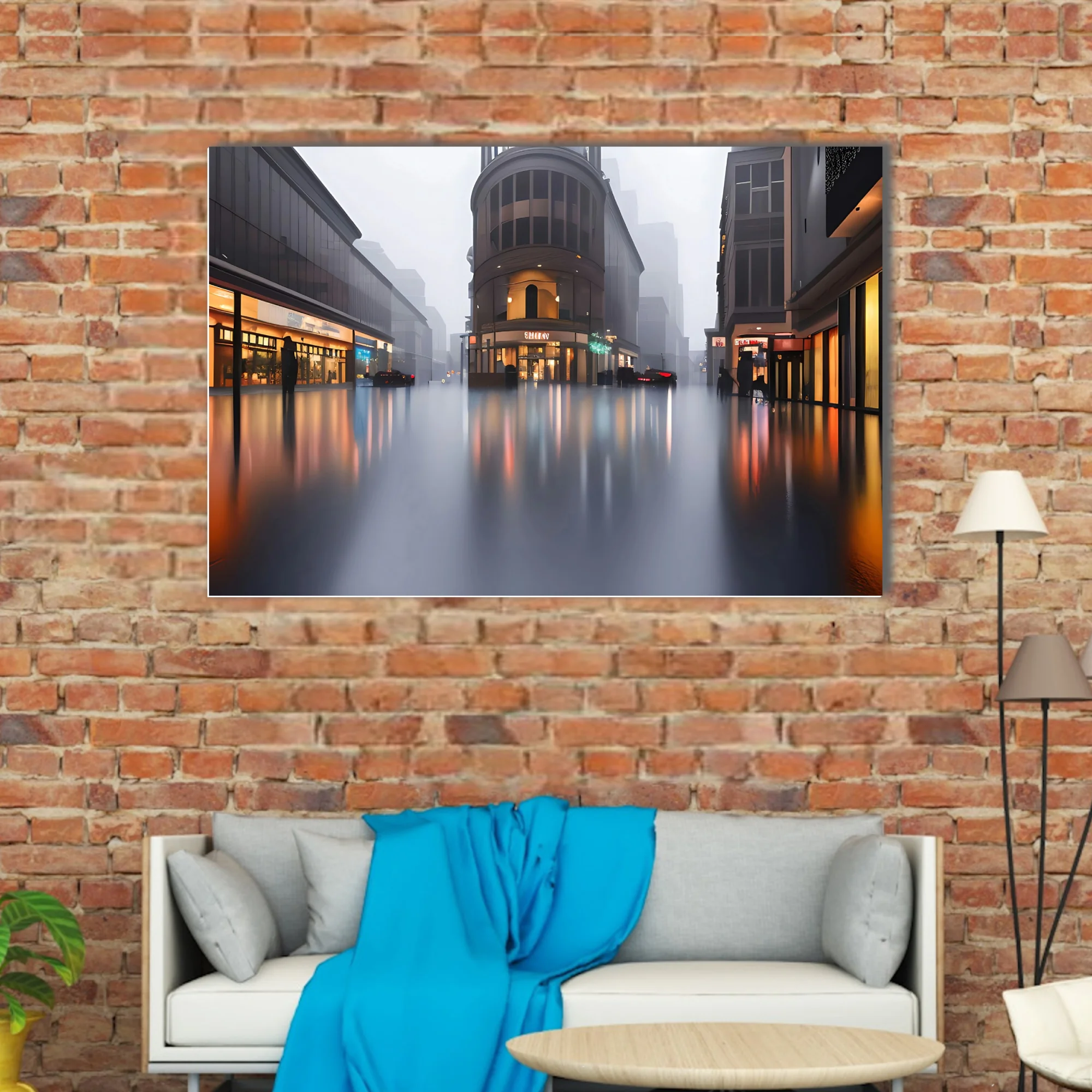 Cinematic rainy cityscape with foggy streets and warm reflections on wet pavement