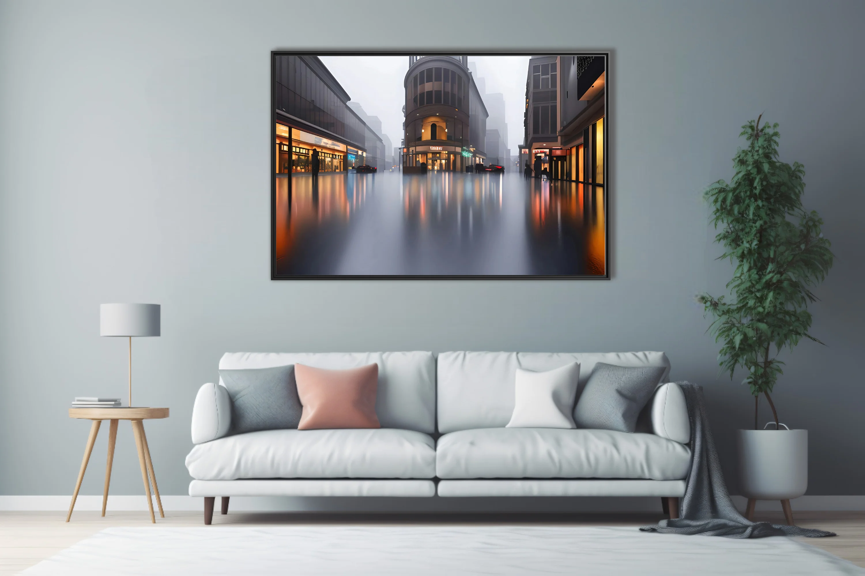Cinematic rainy cityscape with foggy streets and warm reflections on wet pavement
