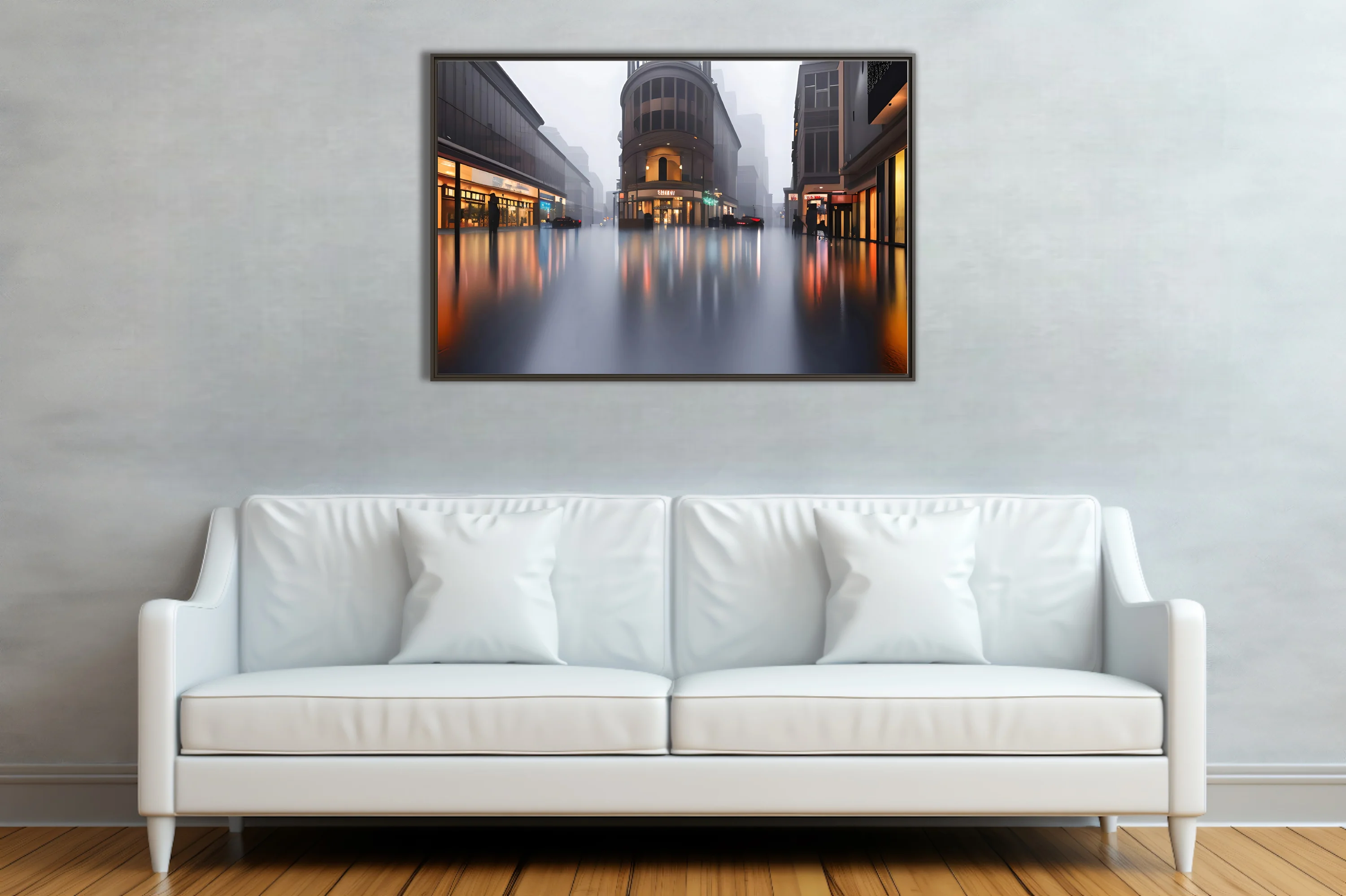 Cinematic rainy cityscape with foggy streets and warm reflections on wet pavement