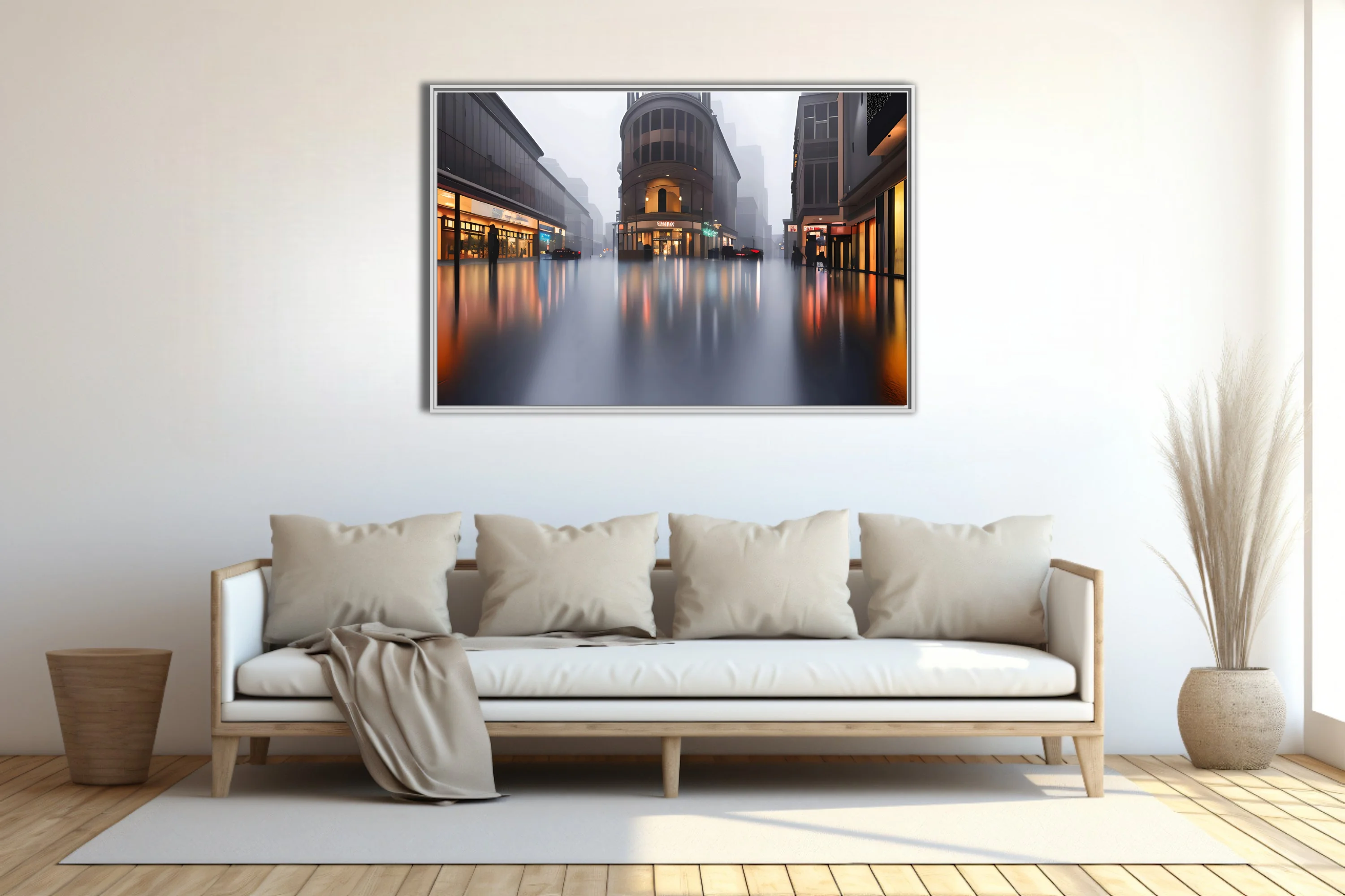 Cinematic rainy cityscape with foggy streets and warm reflections on wet pavement