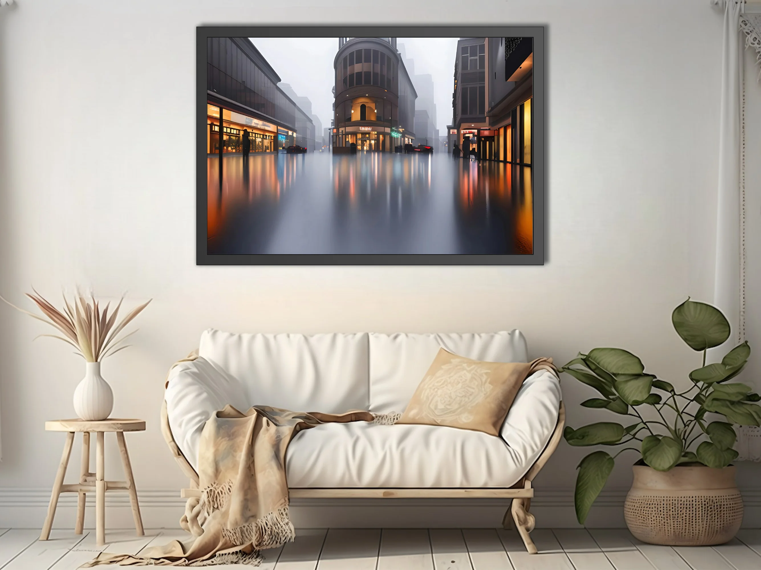 Cinematic rainy cityscape with foggy streets and warm reflections on wet pavement