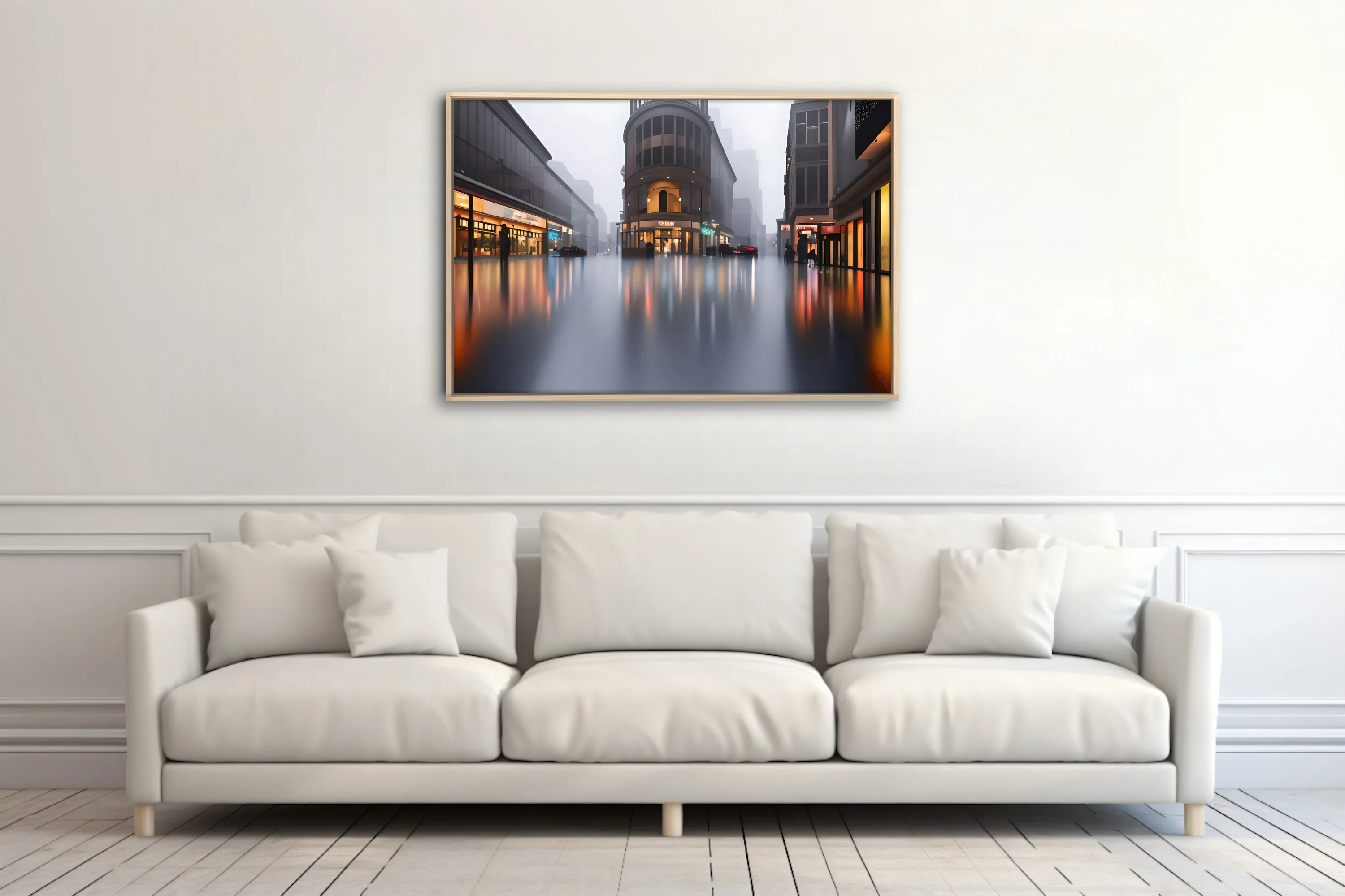 Cinematic rainy cityscape with foggy streets and warm reflections on wet pavement