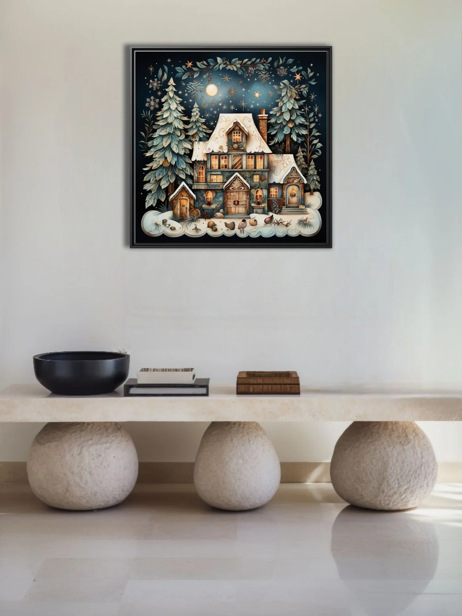 Whimsical storybook winter cottage with snow, evergreens, and starlit night sky