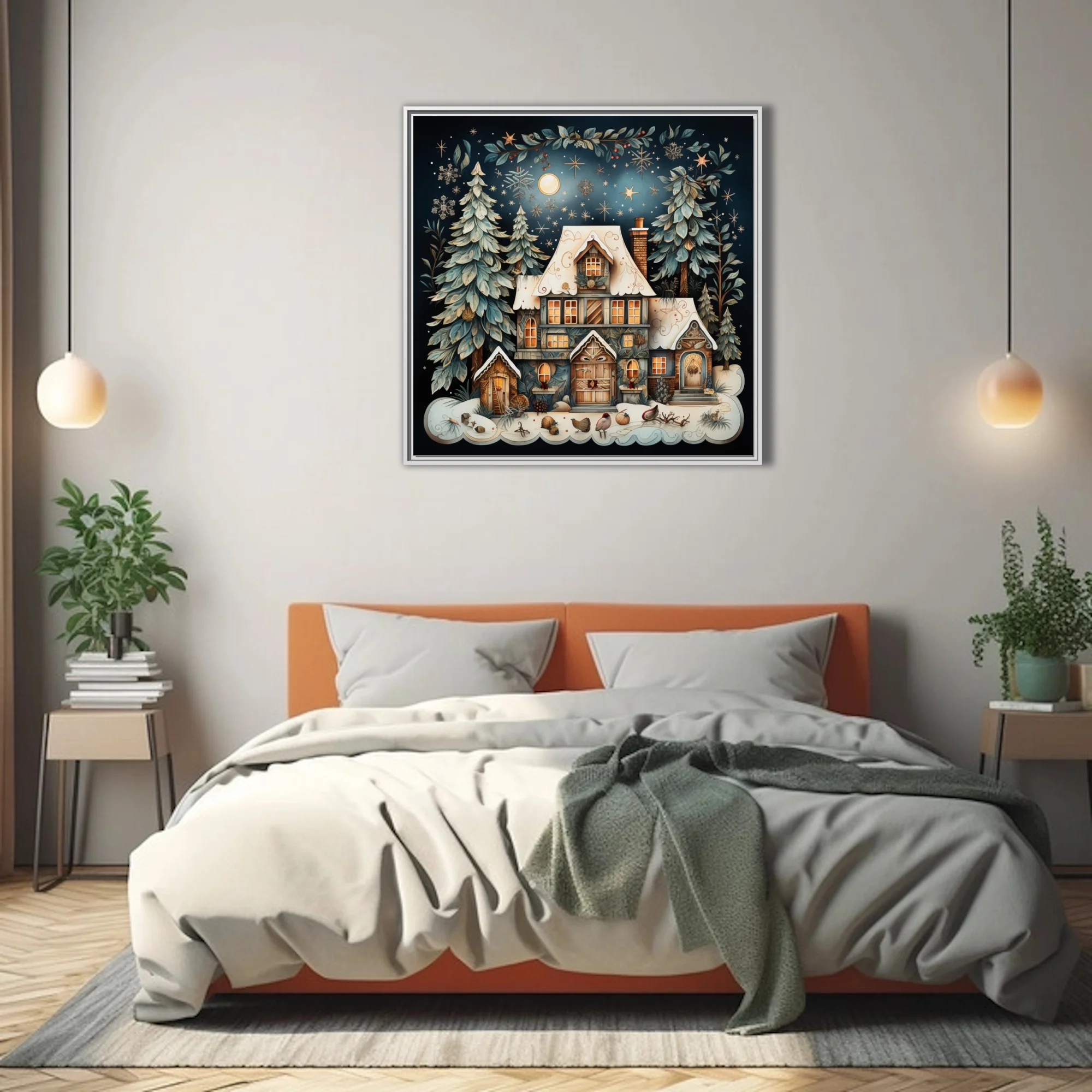 Whimsical storybook winter cottage with snow, evergreens, and starlit night sky