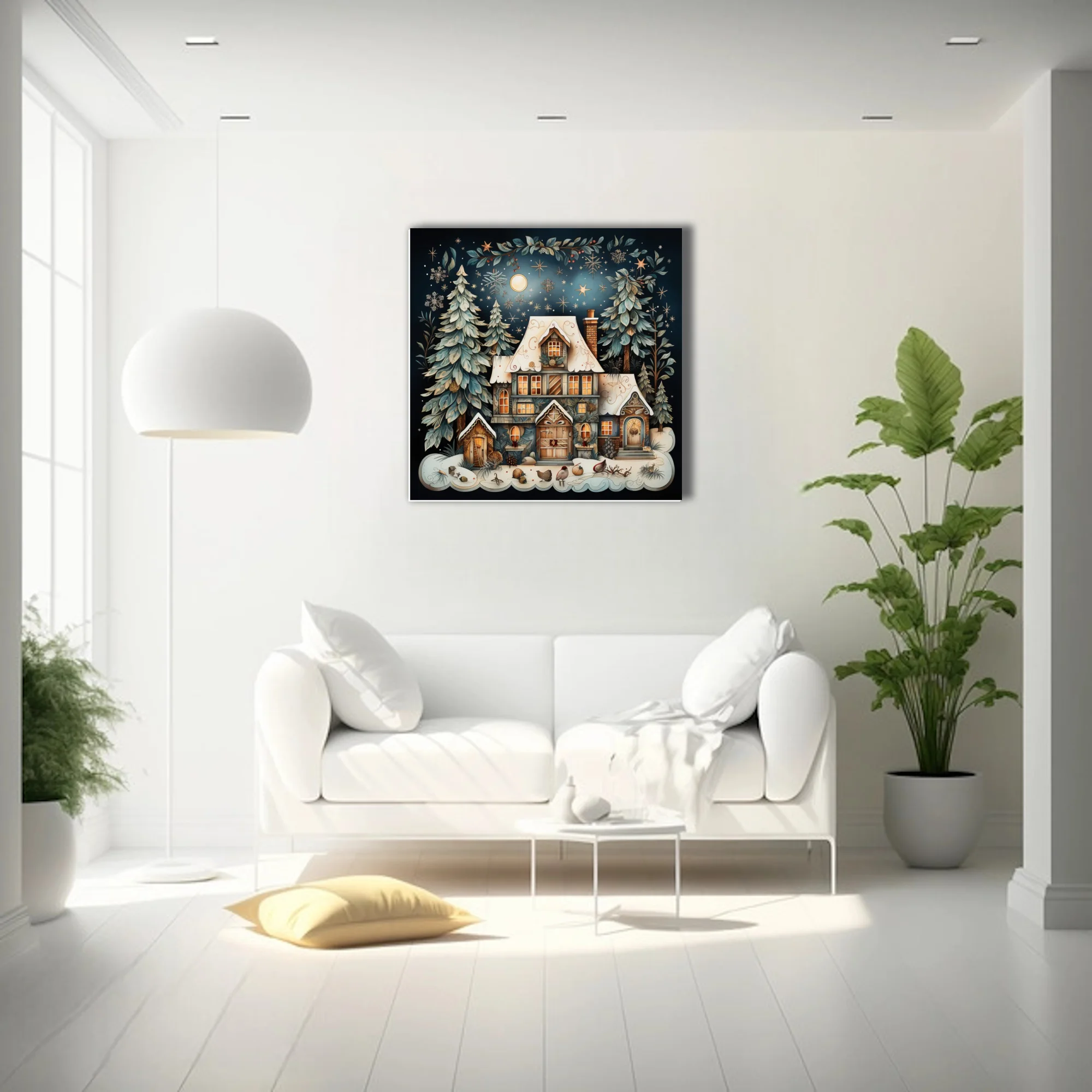 Whimsical storybook winter cottage with snow, evergreens, and starlit night sky