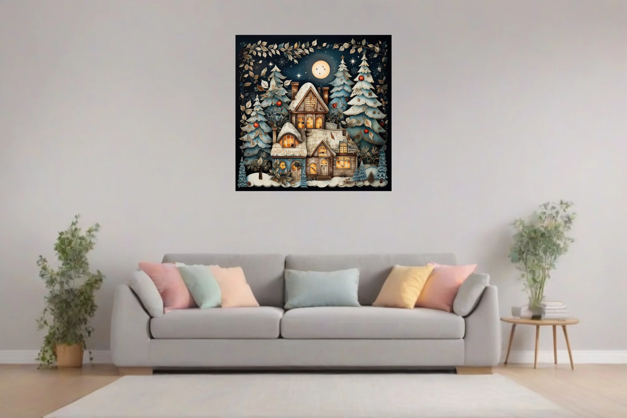 Whimsical Christmas cottage illustration with snow-covered trees and warm glowing windows