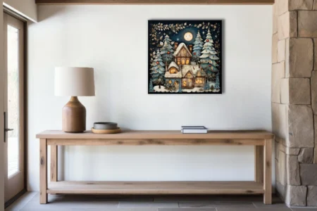 Whimsical Christmas cottage illustration with snow-covered trees and warm glowing windows