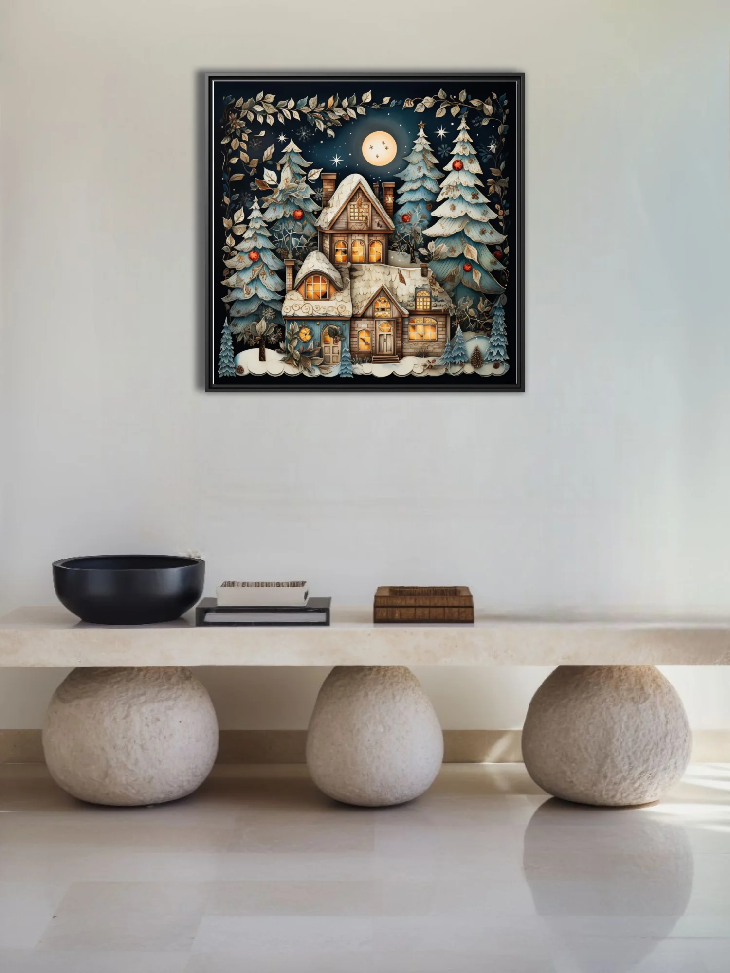 Whimsical Christmas cottage illustration with snow-covered trees and warm glowing windows