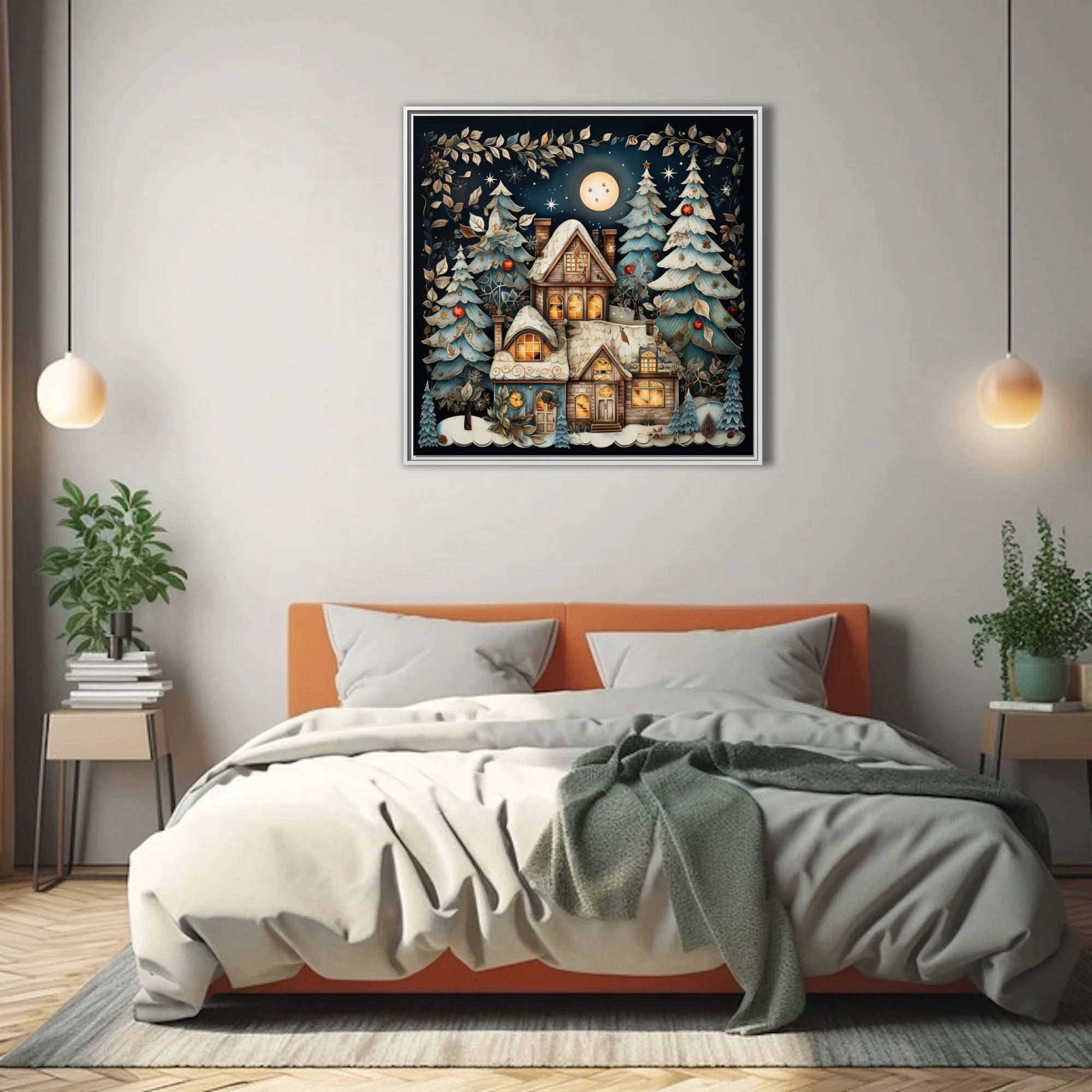 Whimsical Christmas cottage illustration with snow-covered trees and warm glowing windows
