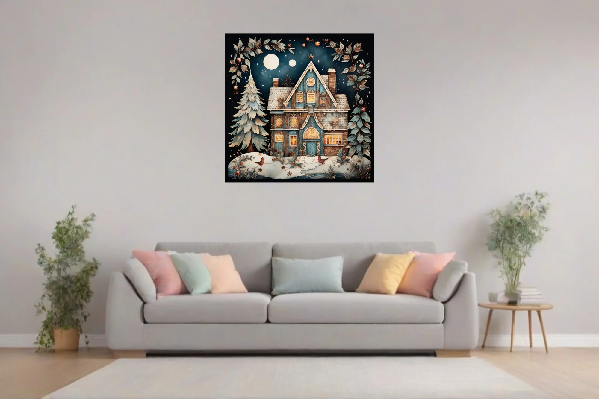 Folk-art winter cottage glowing with warm light under a starry night sky, festive botanical motifs