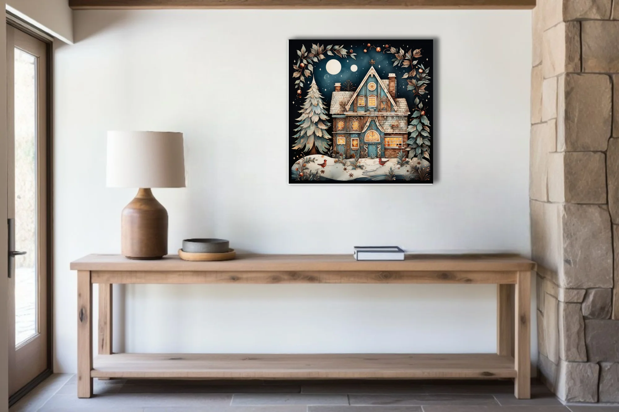 Folk-art winter cottage glowing with warm light under a starry night sky, festive botanical motifs
