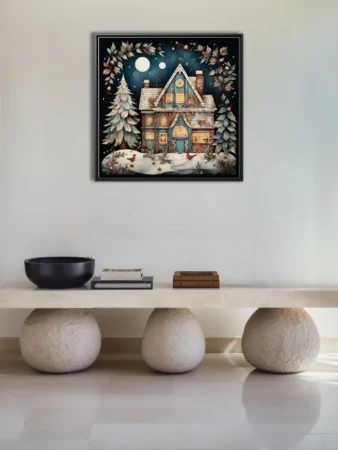 Folk-art winter cottage glowing with warm light under a starry night sky, festive botanical motifs