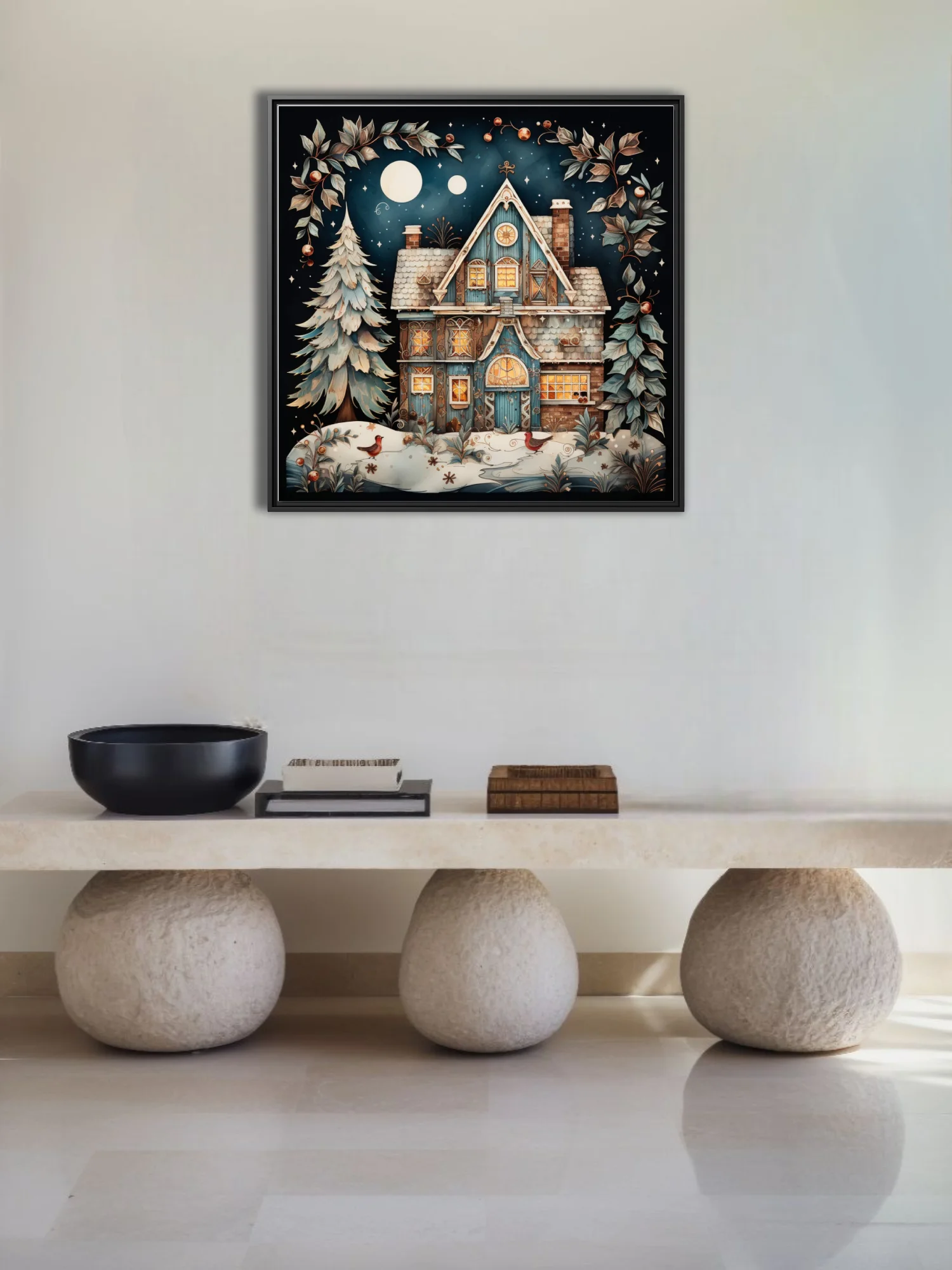 Folk-art winter cottage glowing with warm light under a starry night sky, festive botanical motifs