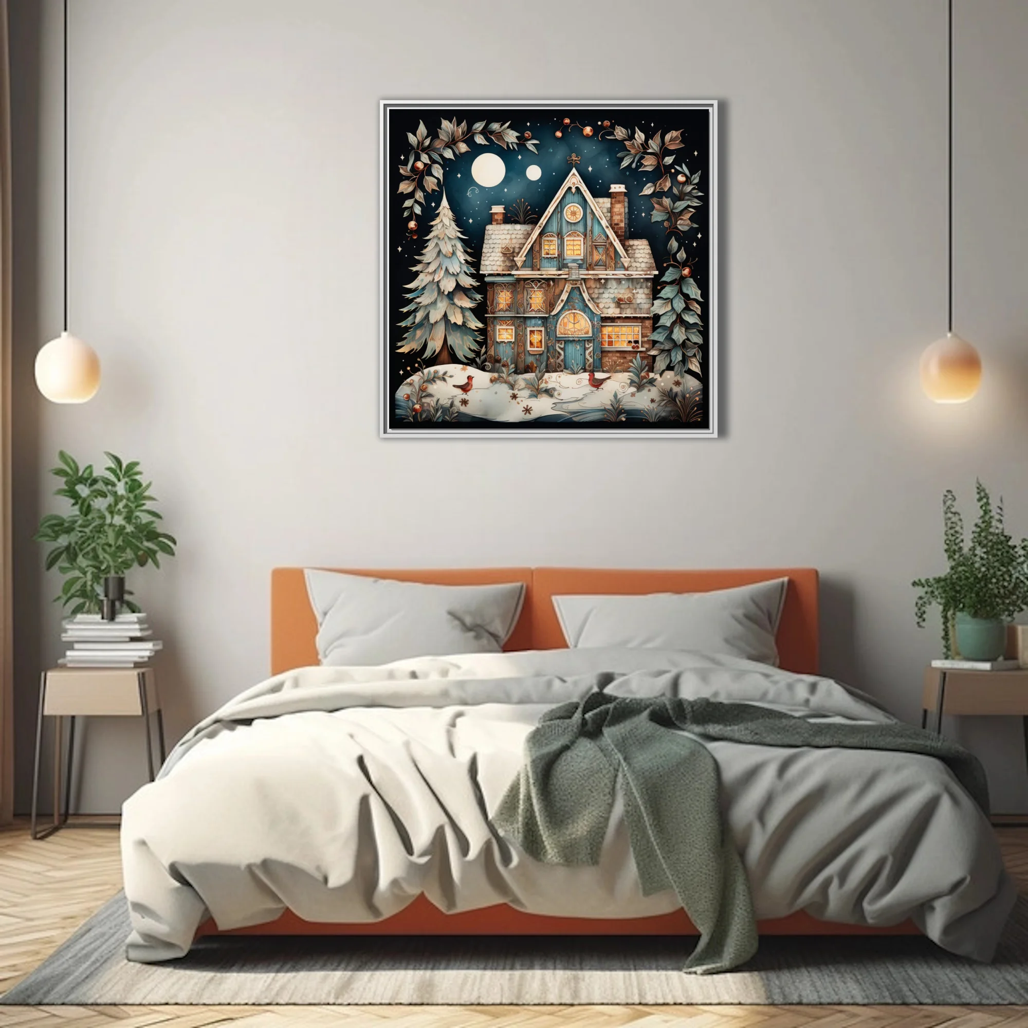 Folk-art winter cottage glowing with warm light under a starry night sky, festive botanical motifs