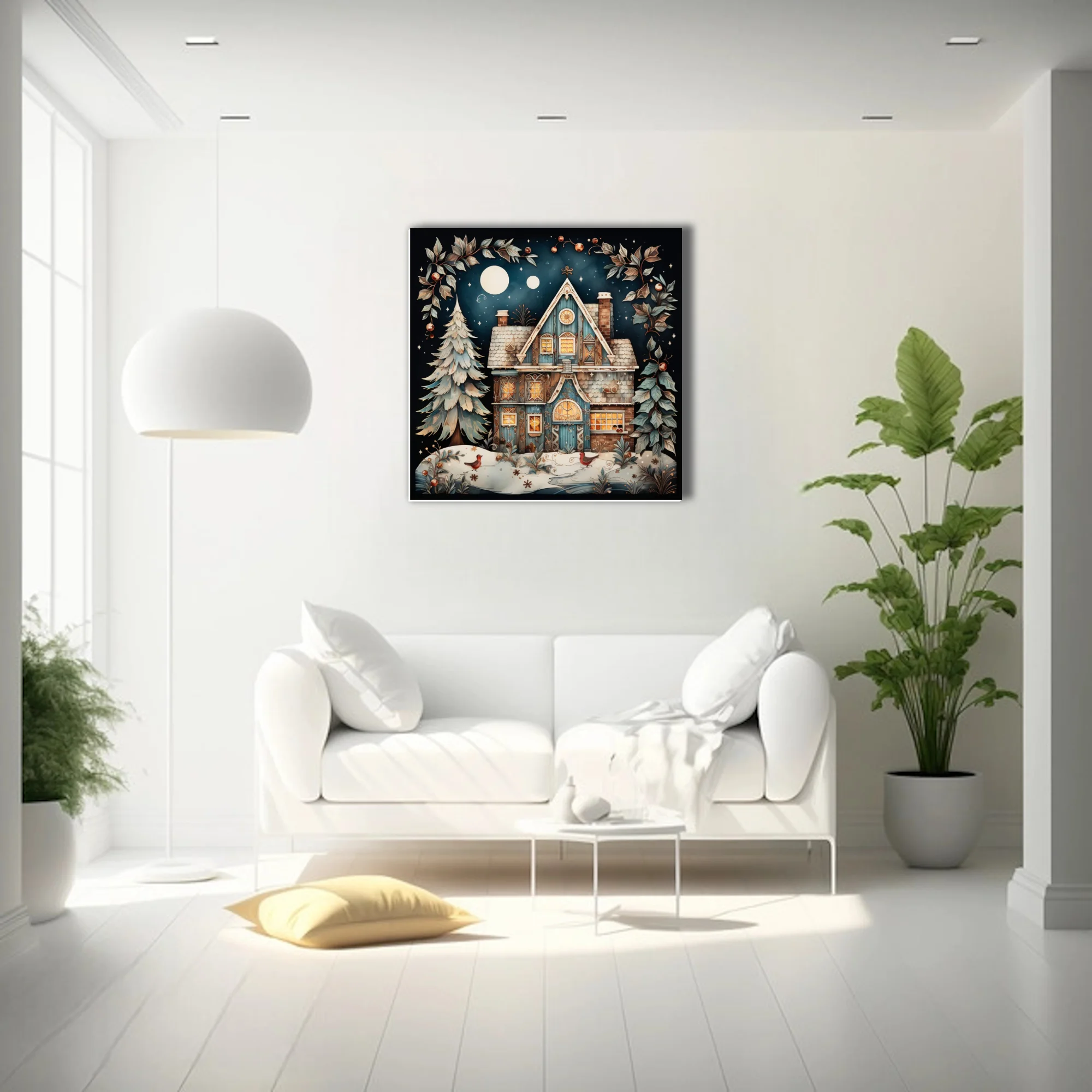 Folk-art winter cottage glowing with warm light under a starry night sky, festive botanical motifs