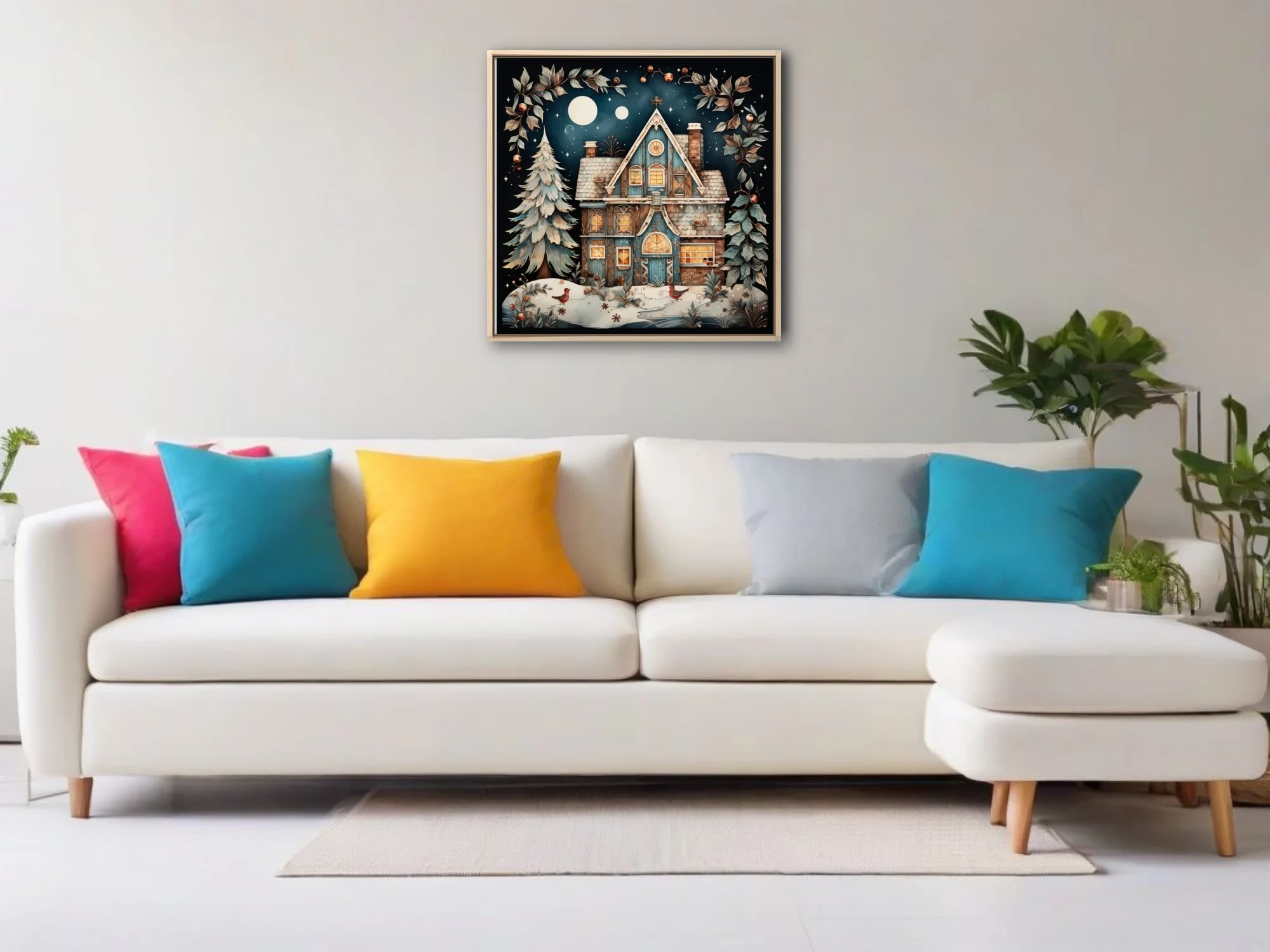 Folk-art winter cottage glowing with warm light under a starry night sky, festive botanical motifs