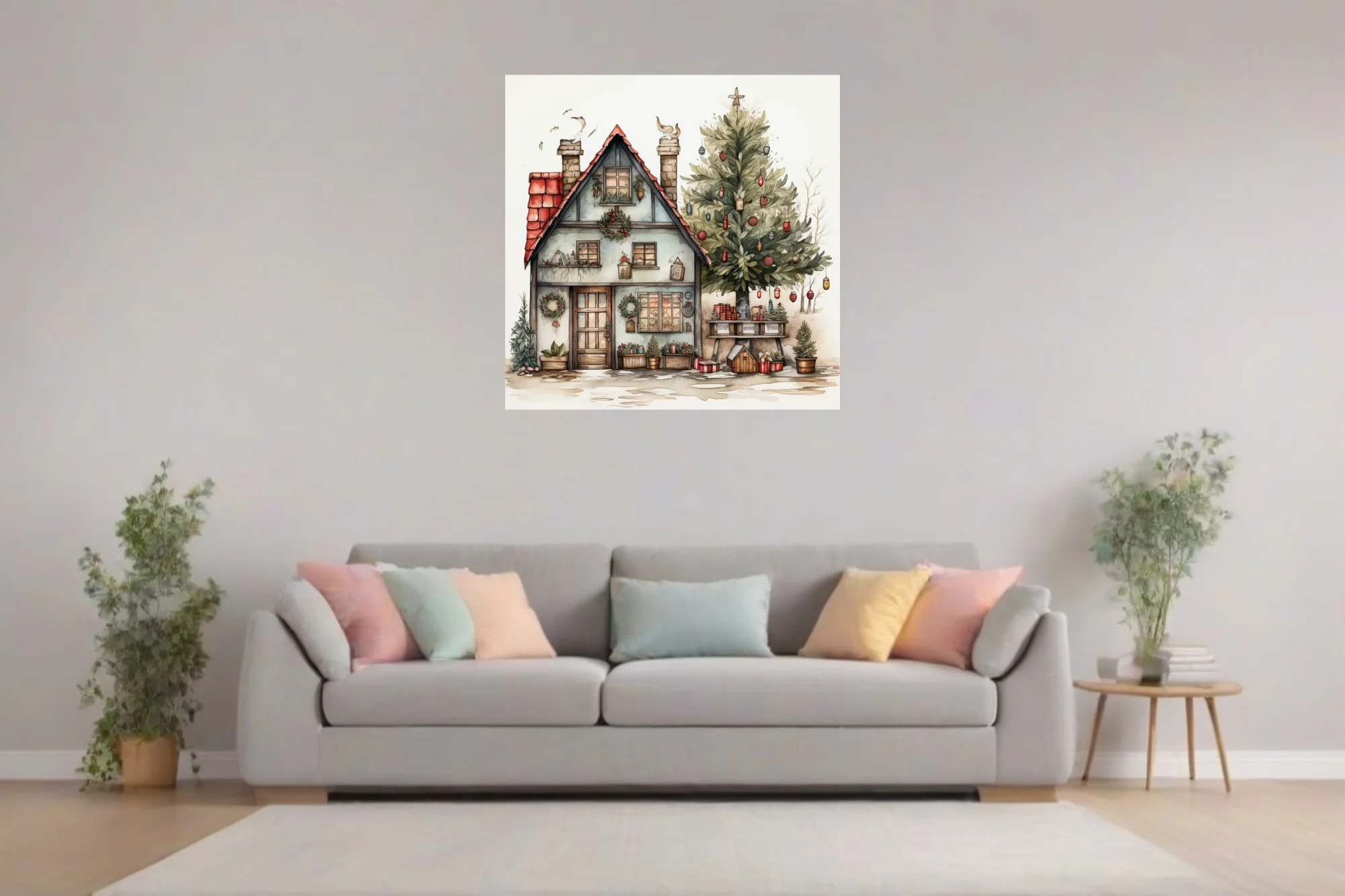Watercolor-style Christmas cottage with decorated evergreen tree, wreaths, and holiday lanterns
