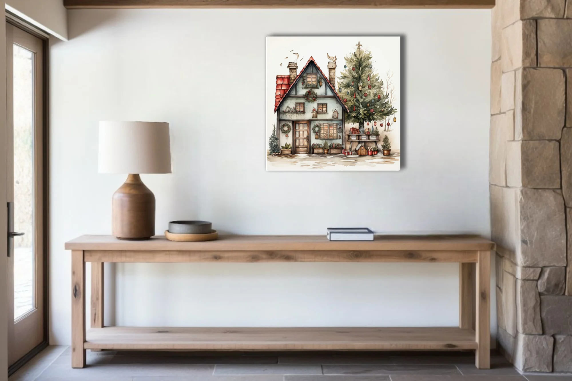 Watercolor-style Christmas cottage with decorated evergreen tree, wreaths, and holiday lanterns