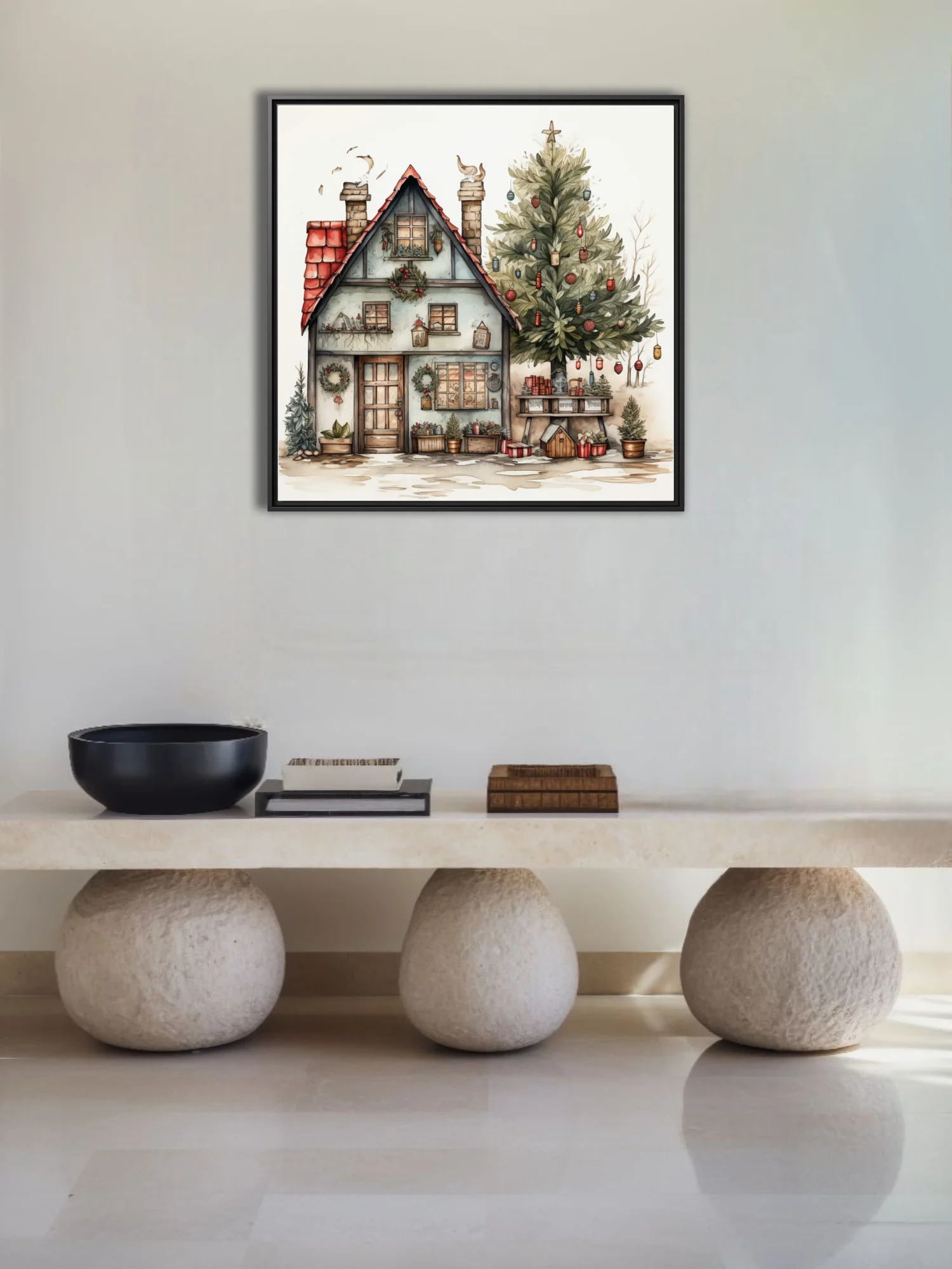 Watercolor-style Christmas cottage with decorated evergreen tree, wreaths, and holiday lanterns