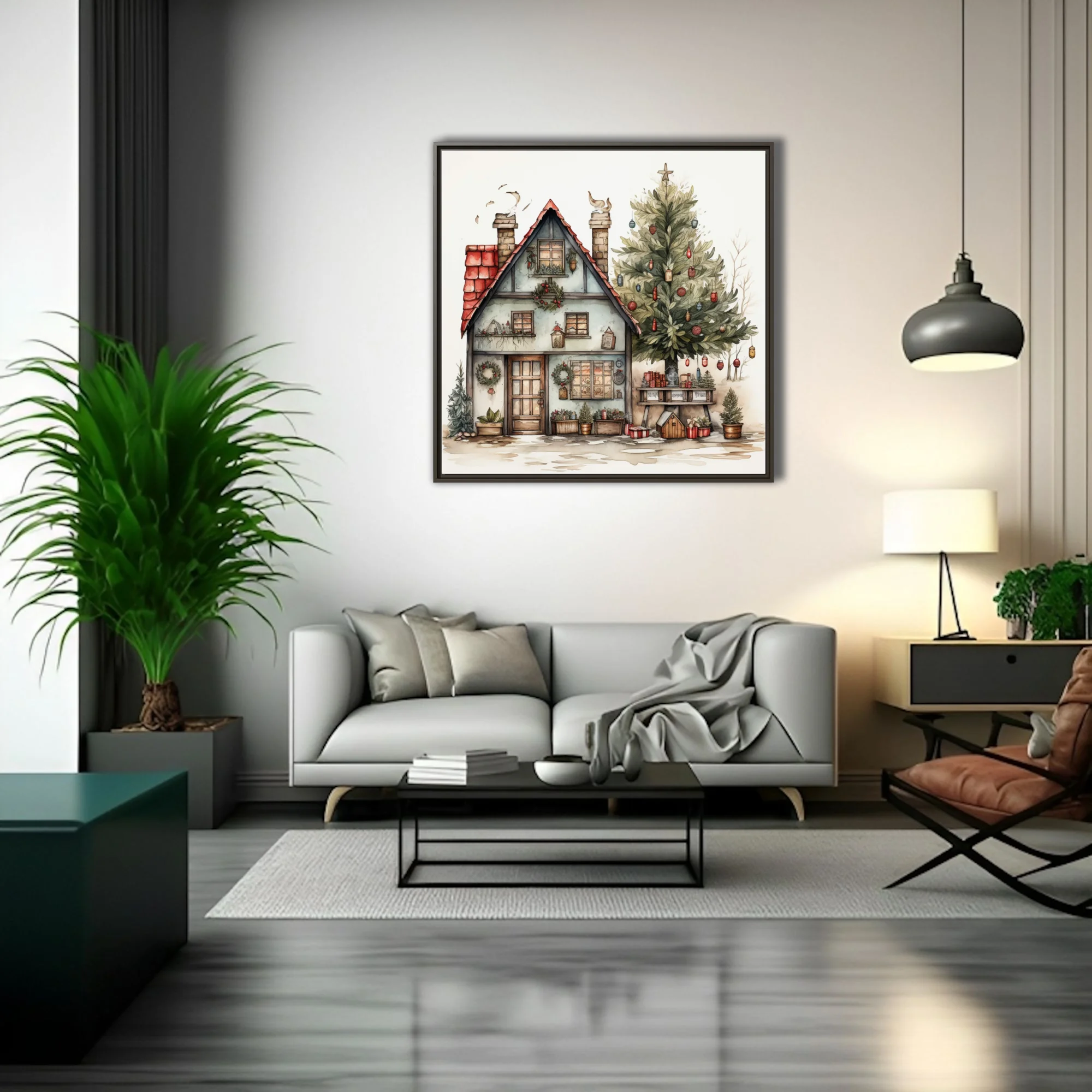 Watercolor-style Christmas cottage with decorated evergreen tree, wreaths, and holiday lanterns