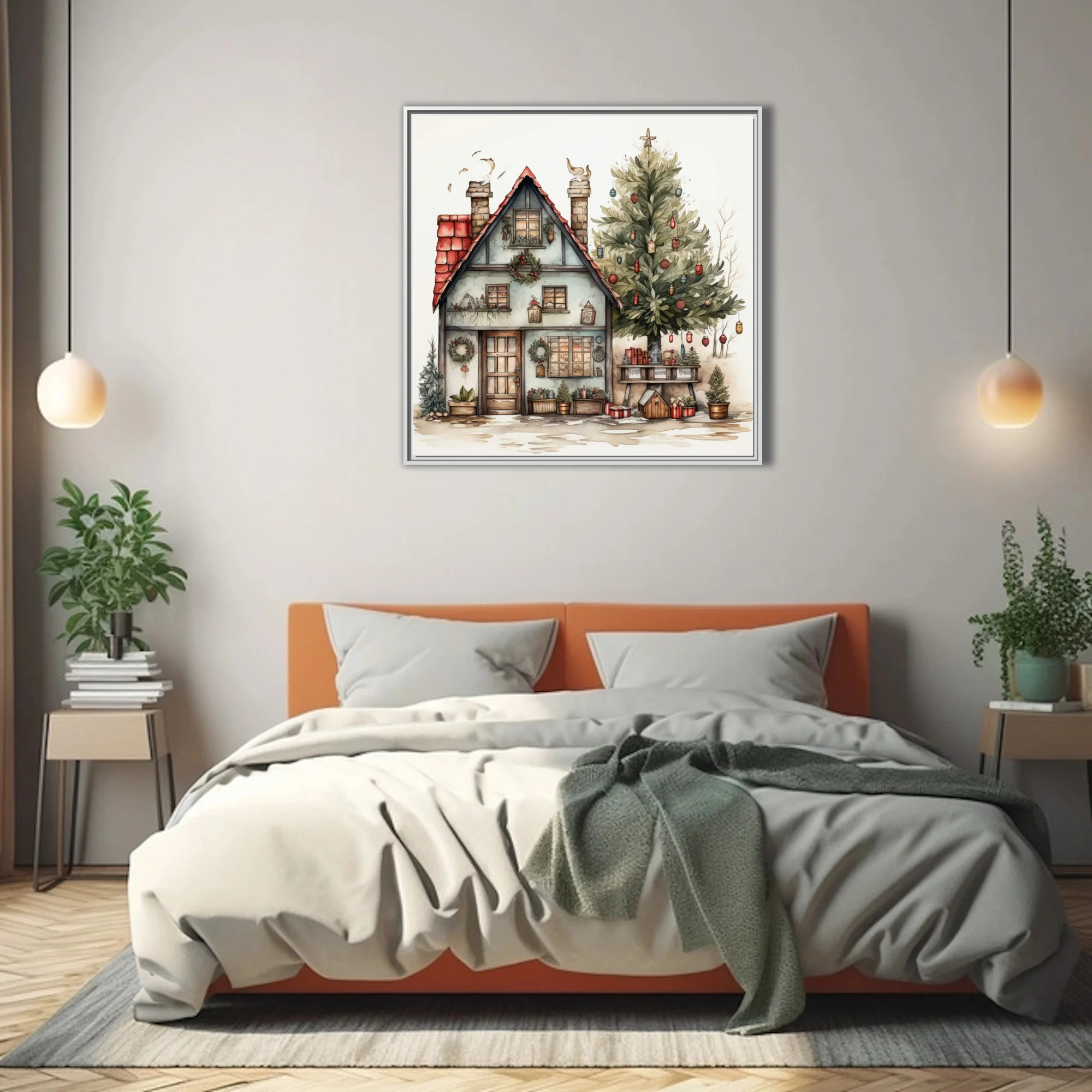 Watercolor-style Christmas cottage with decorated evergreen tree, wreaths, and holiday lanterns