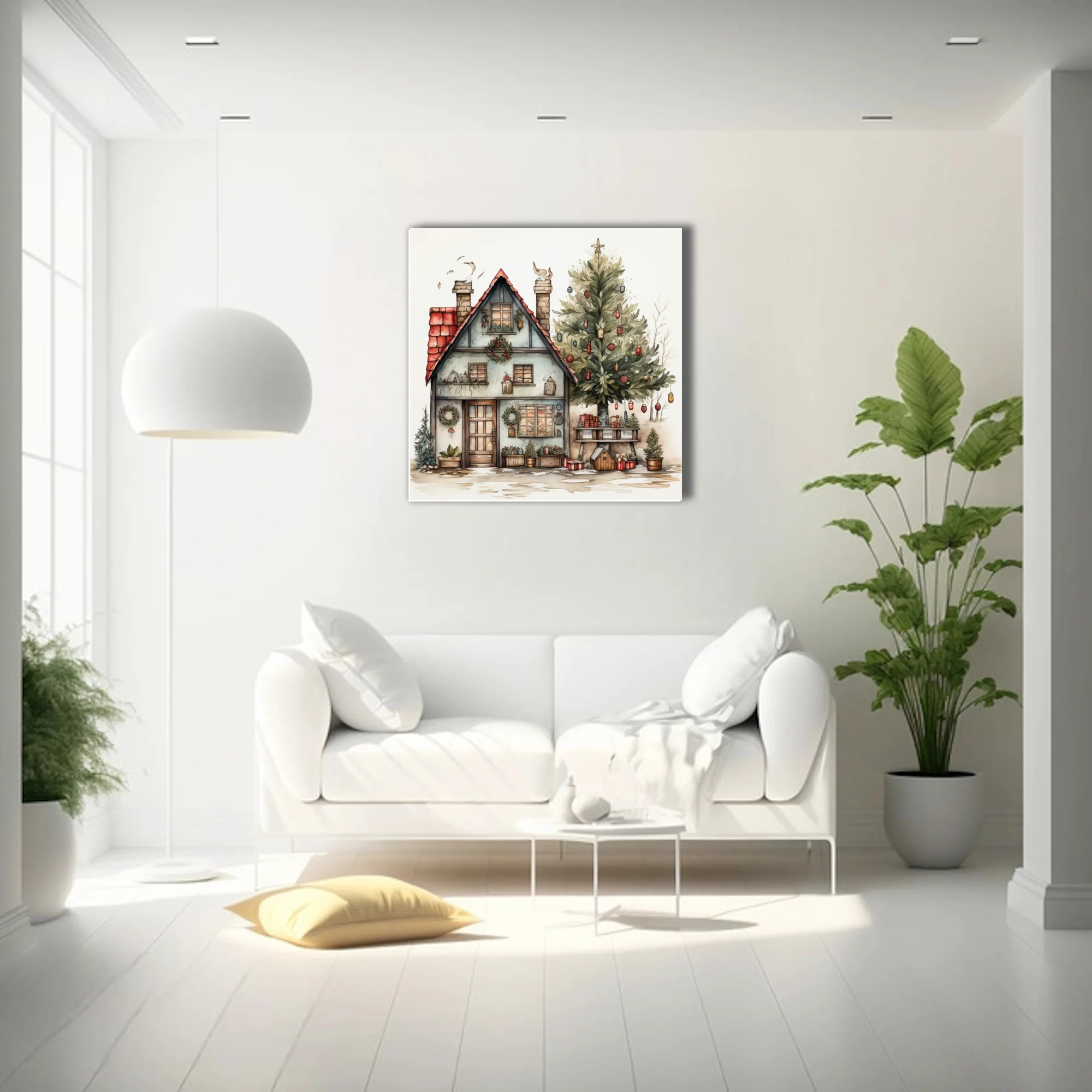 Watercolor-style Christmas cottage with decorated evergreen tree, wreaths, and holiday lanterns