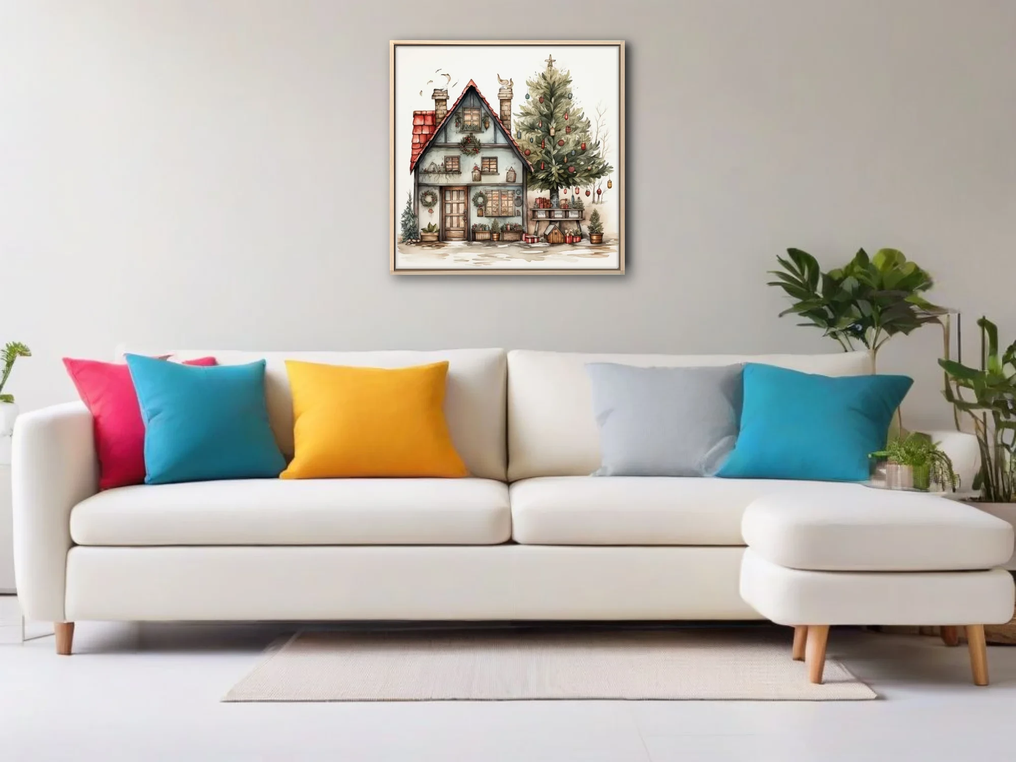 Watercolor-style Christmas cottage with decorated evergreen tree, wreaths, and holiday lanterns