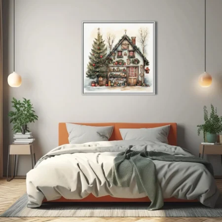 Watercolor-style Christmas cottage with holiday greenery, rustic decor, and decorated tree