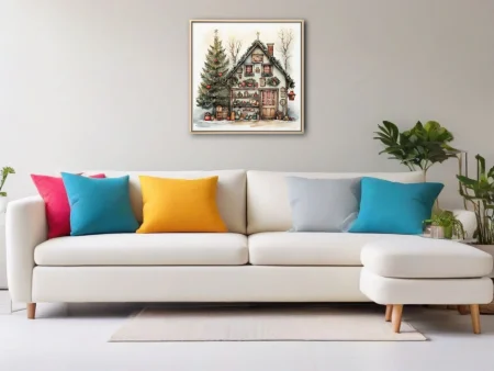 Watercolor-style Christmas cottage with holiday greenery, rustic decor, and decorated tree