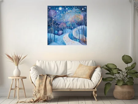 Folk-art winter night landscape, cobalt and jewel tones, snowy winding path through glowing forest