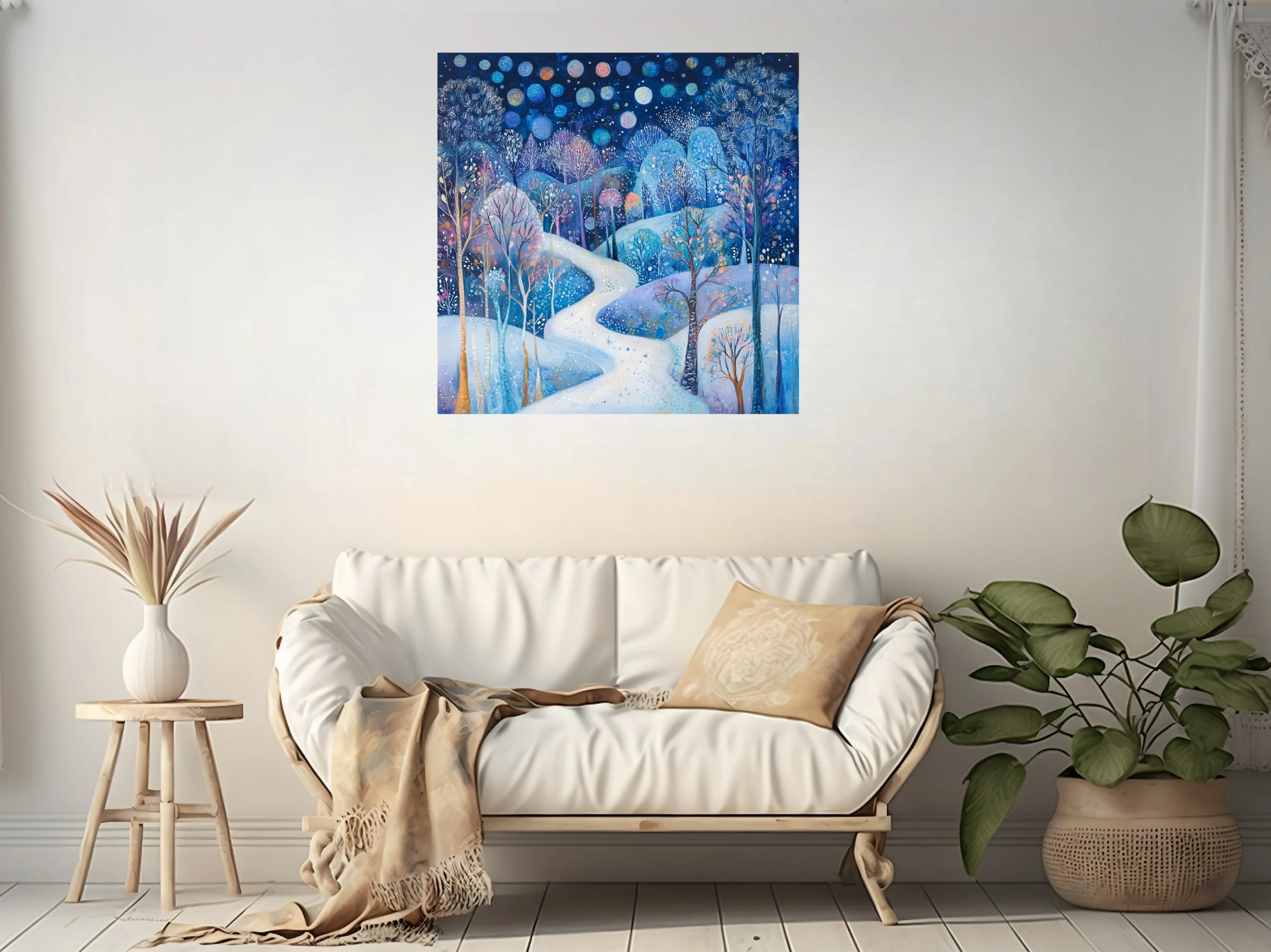 Folk-art winter night landscape, cobalt blue with glowing orbs and snow-covered winding path
