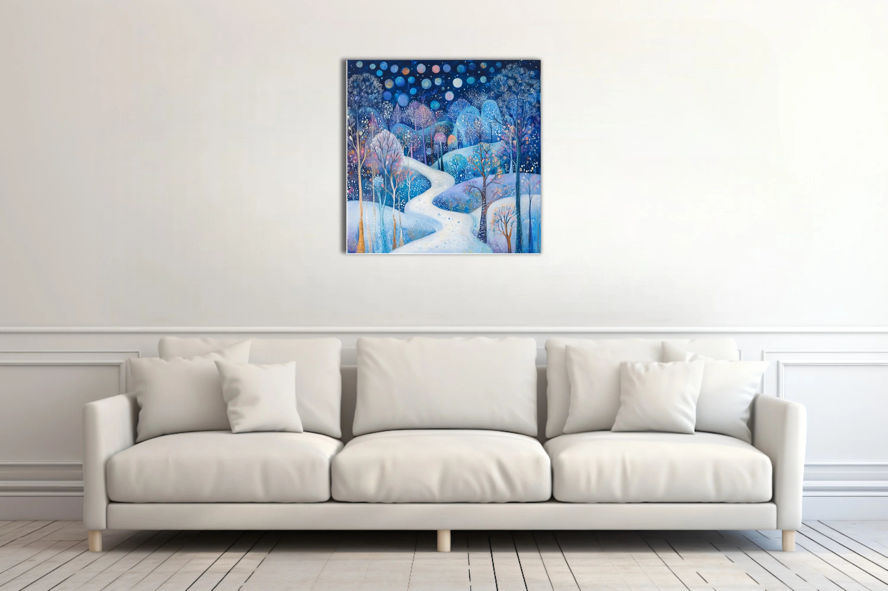 Folk-art winter night landscape, cobalt blue with glowing orbs and snow-covered winding path