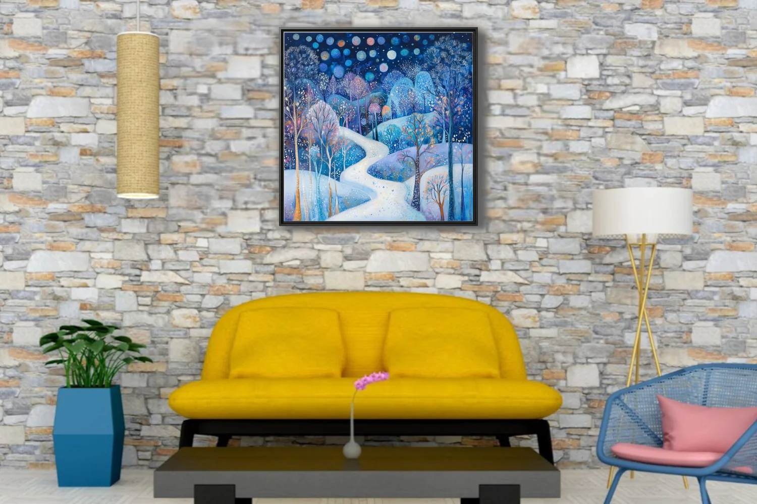 Folk-art winter night landscape, cobalt blue with glowing orbs and snow-covered winding path