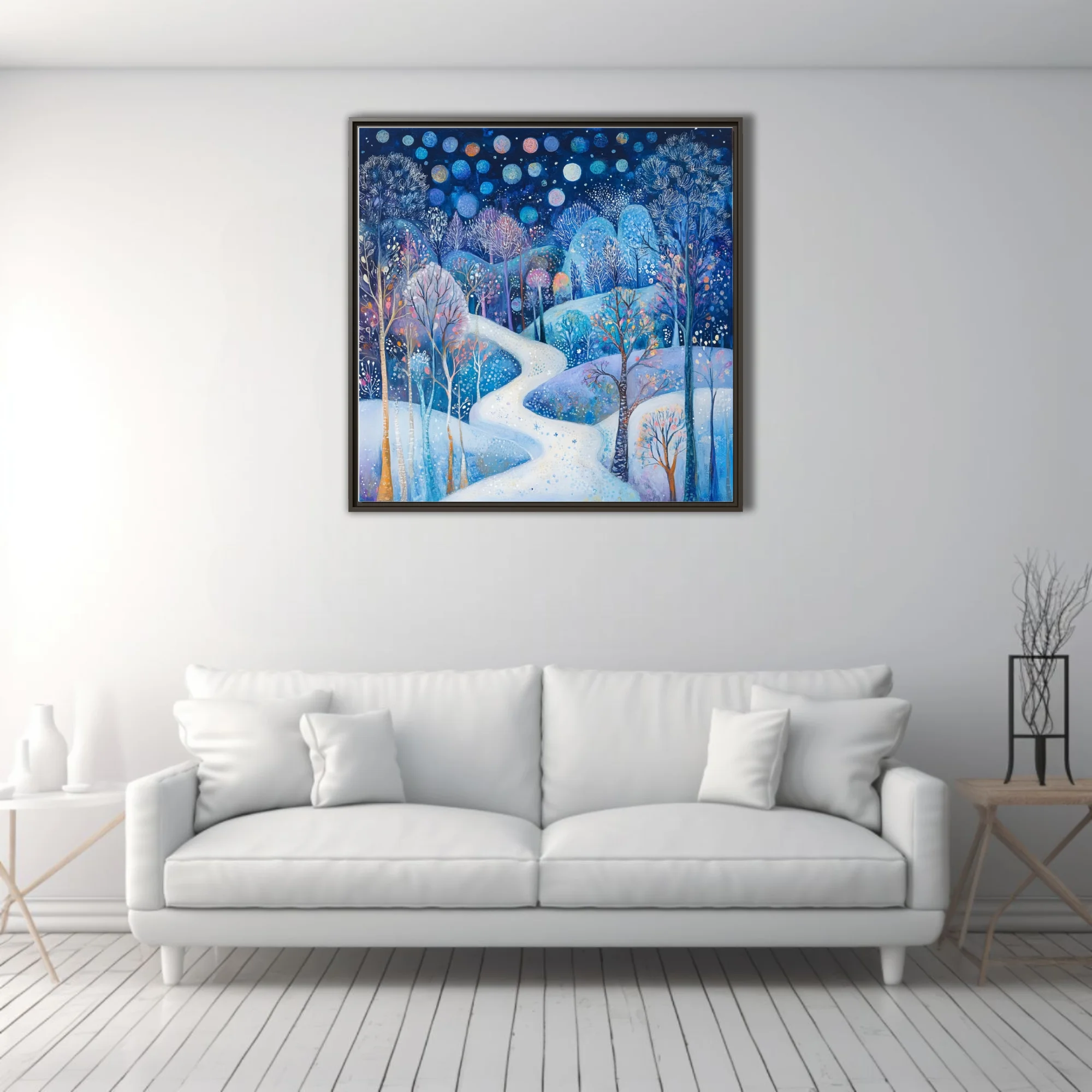 Folk-art winter night landscape, cobalt blue with glowing orbs and snow-covered winding path