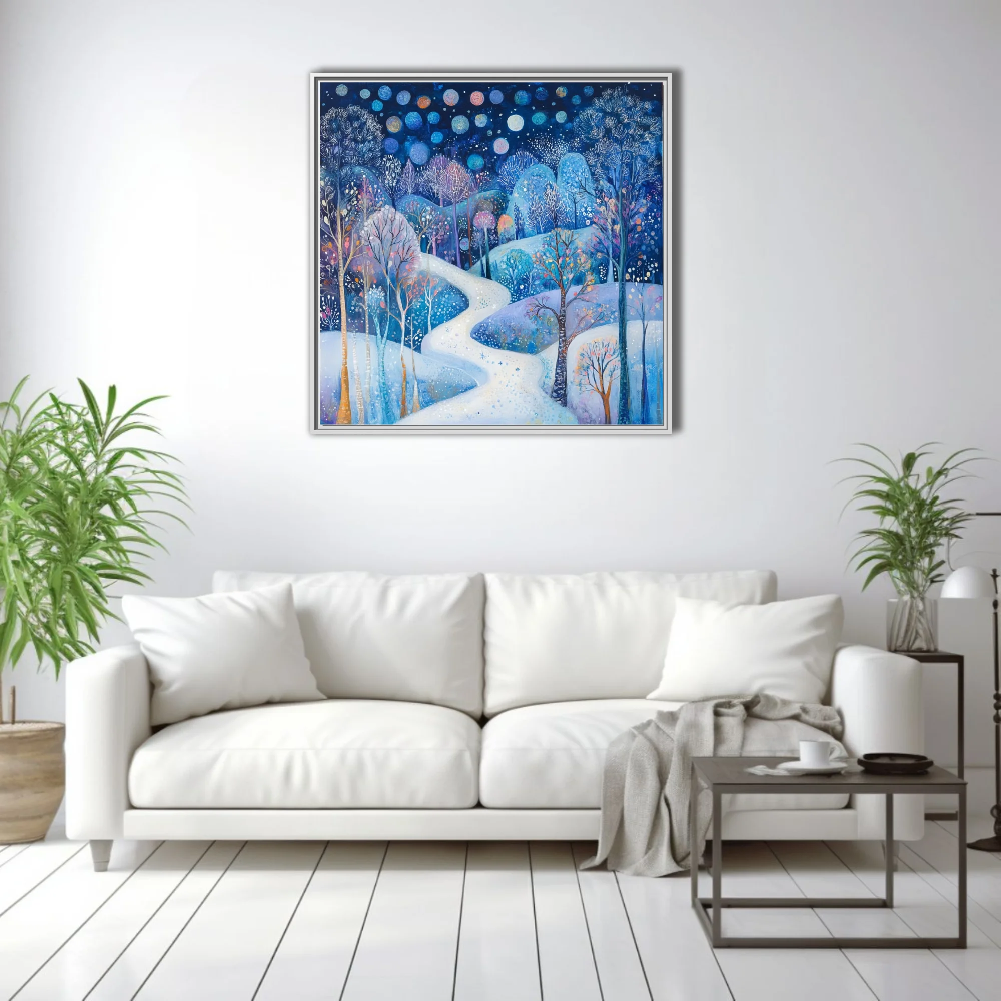 Folk-art winter night landscape, cobalt blue with glowing orbs and snow-covered winding path