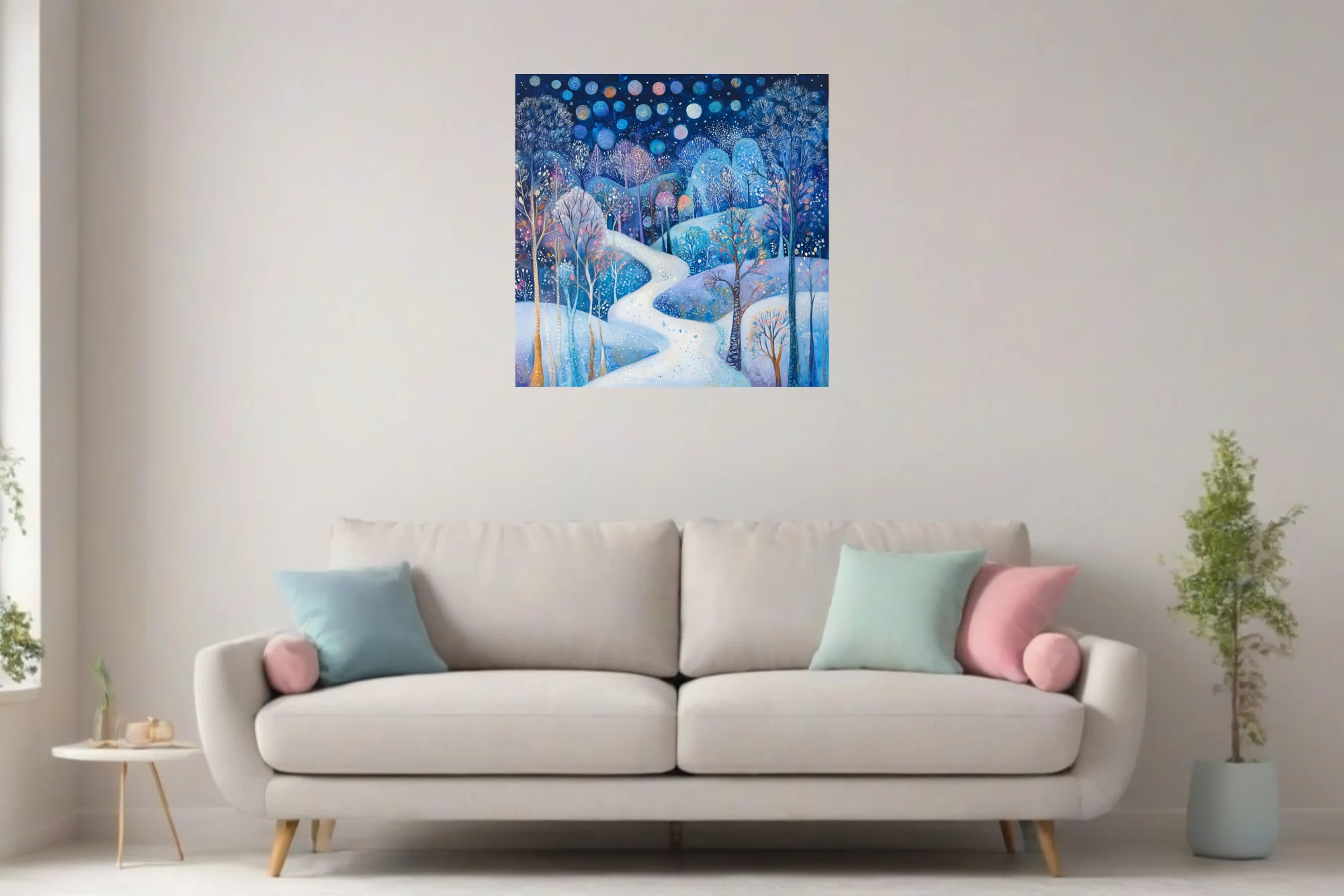 Folk-art winter night landscape, cobalt blue with glowing orbs and snow-covered winding path