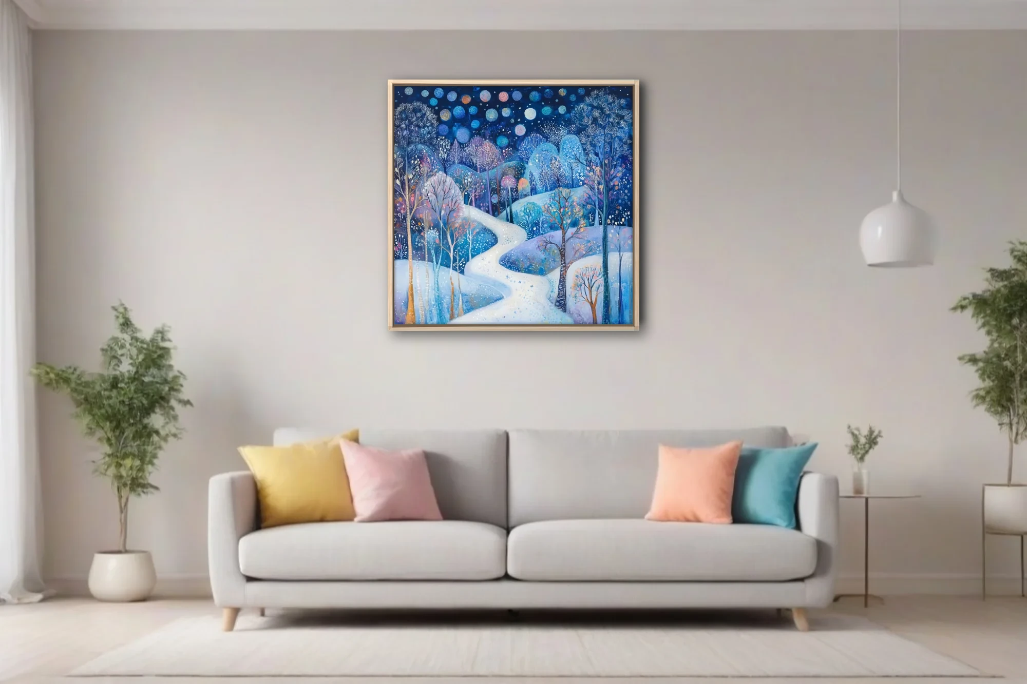 Folk-art winter night landscape, cobalt blue with glowing orbs and snow-covered winding path