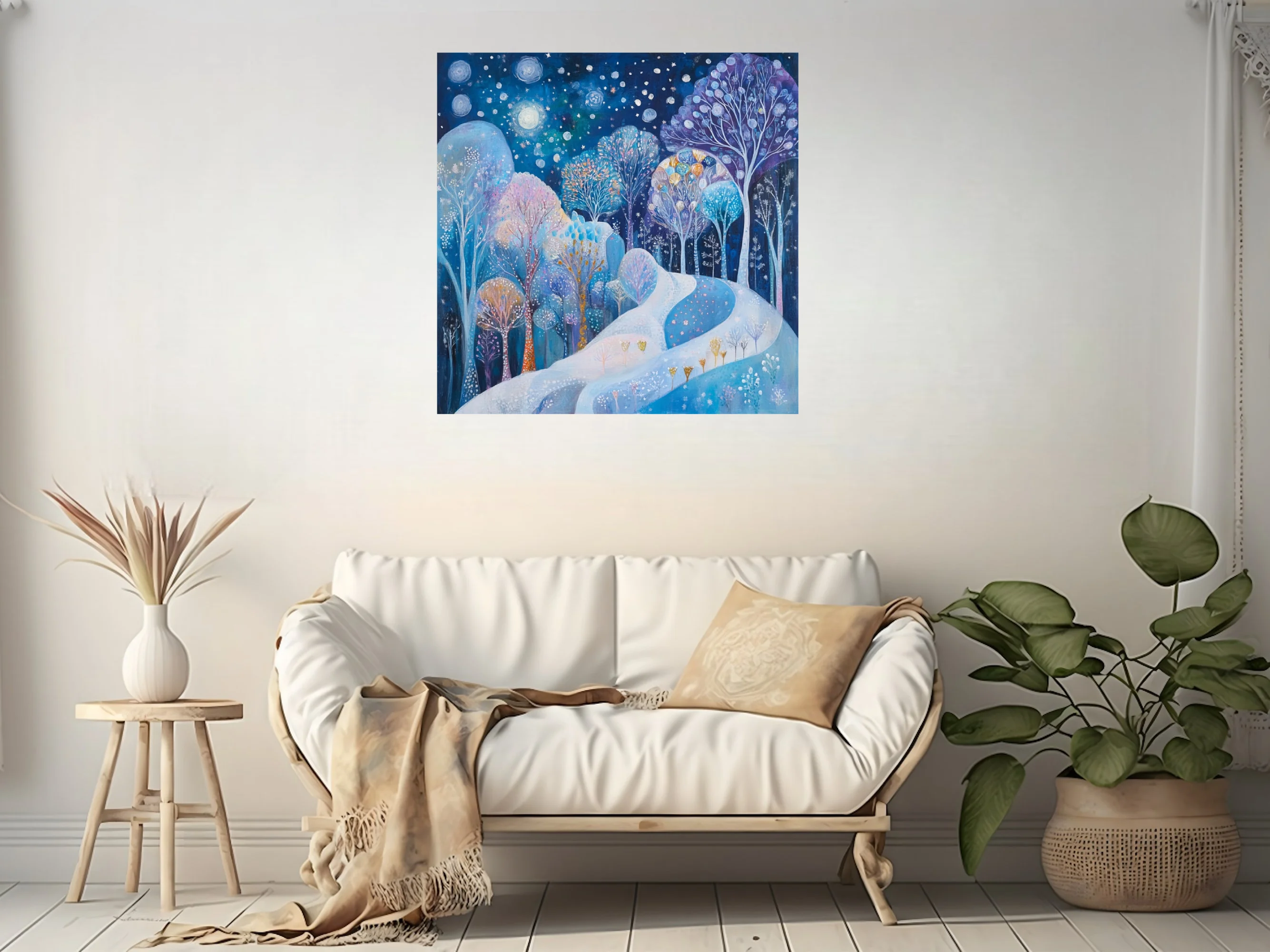 Whimsical winter forest night scene, cobalt blue palette, glowing trees and starlit sky