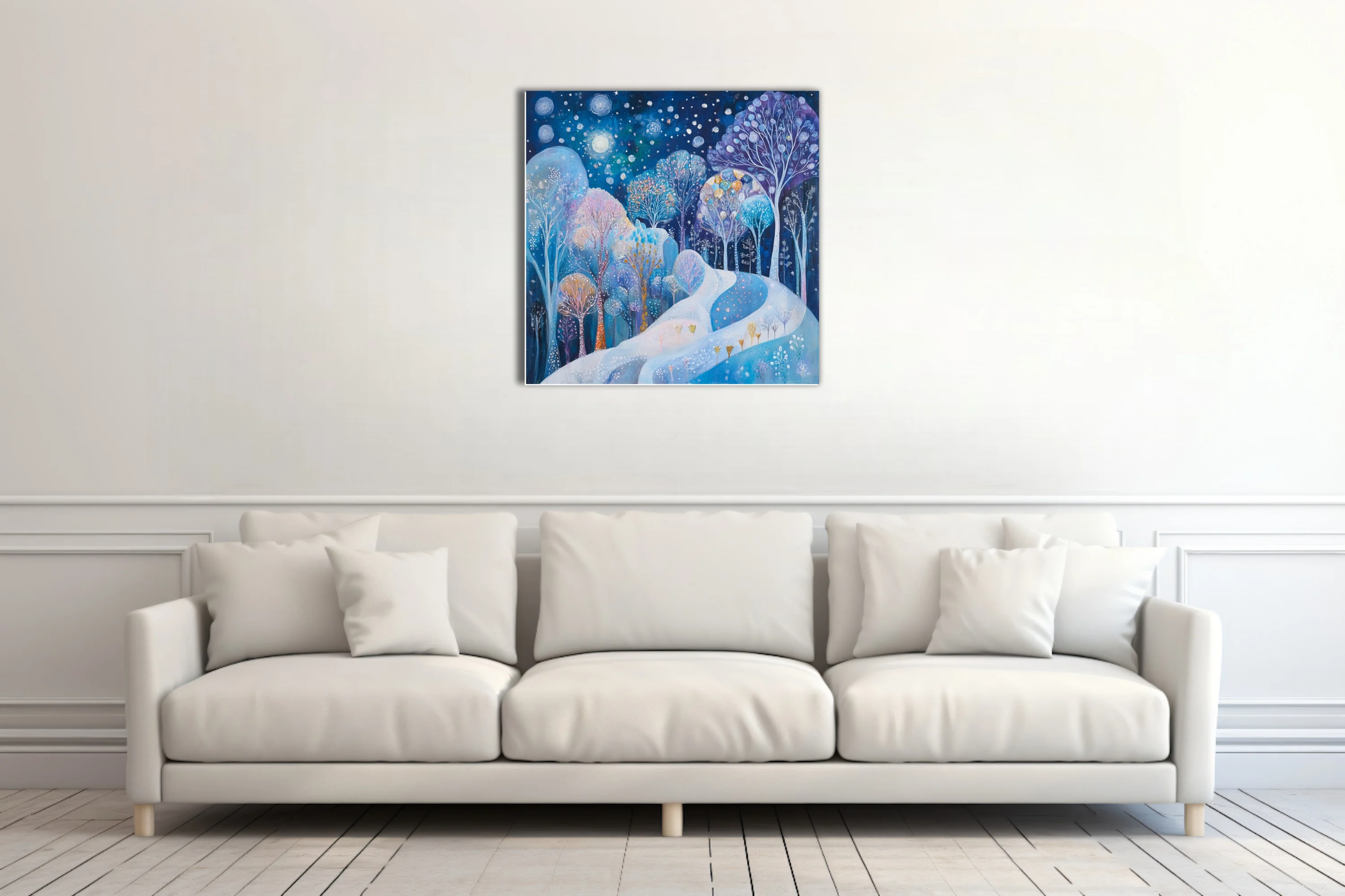 Whimsical winter forest night scene, cobalt blue palette, glowing trees and starlit sky