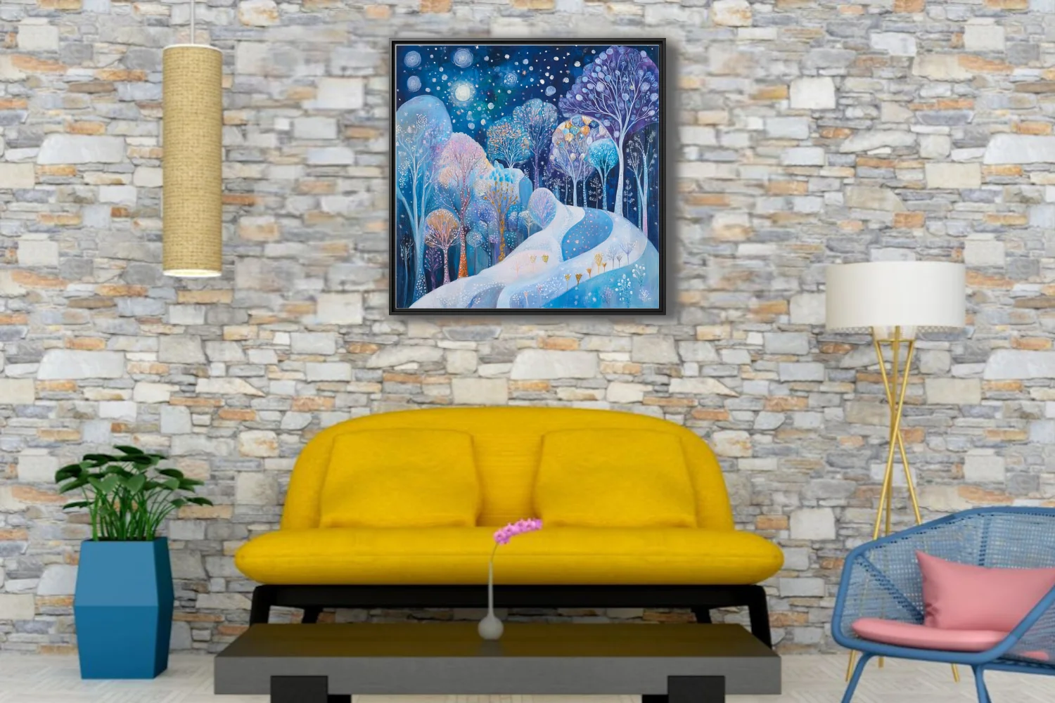 Whimsical winter forest night scene, cobalt blue palette, glowing trees and starlit sky