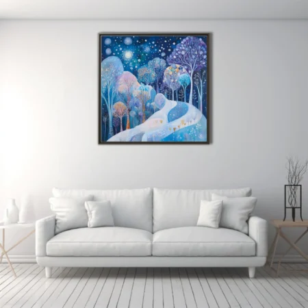 Whimsical winter forest night scene, cobalt blue palette, glowing trees and starlit sky
